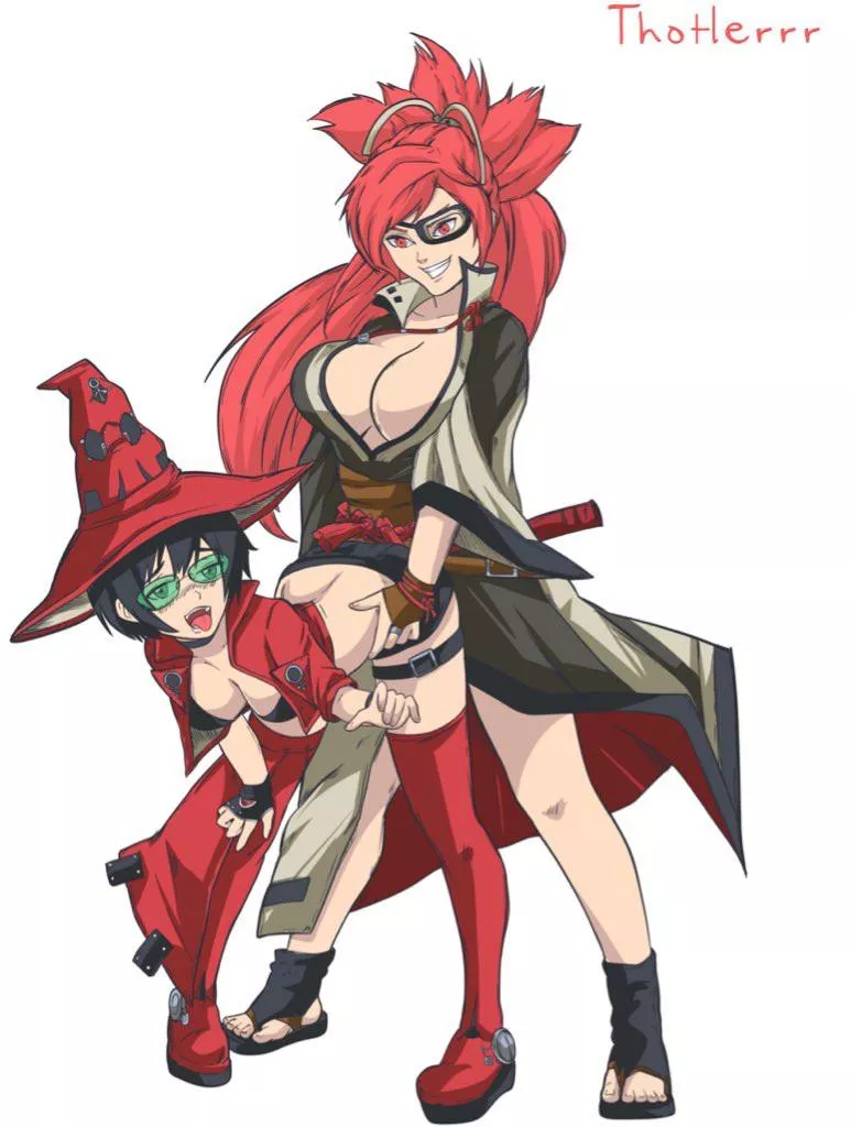 [Art by Thotlerrr on Twitter] (me) I-No & Baiken from Guilty Gear celebrating Hump Day