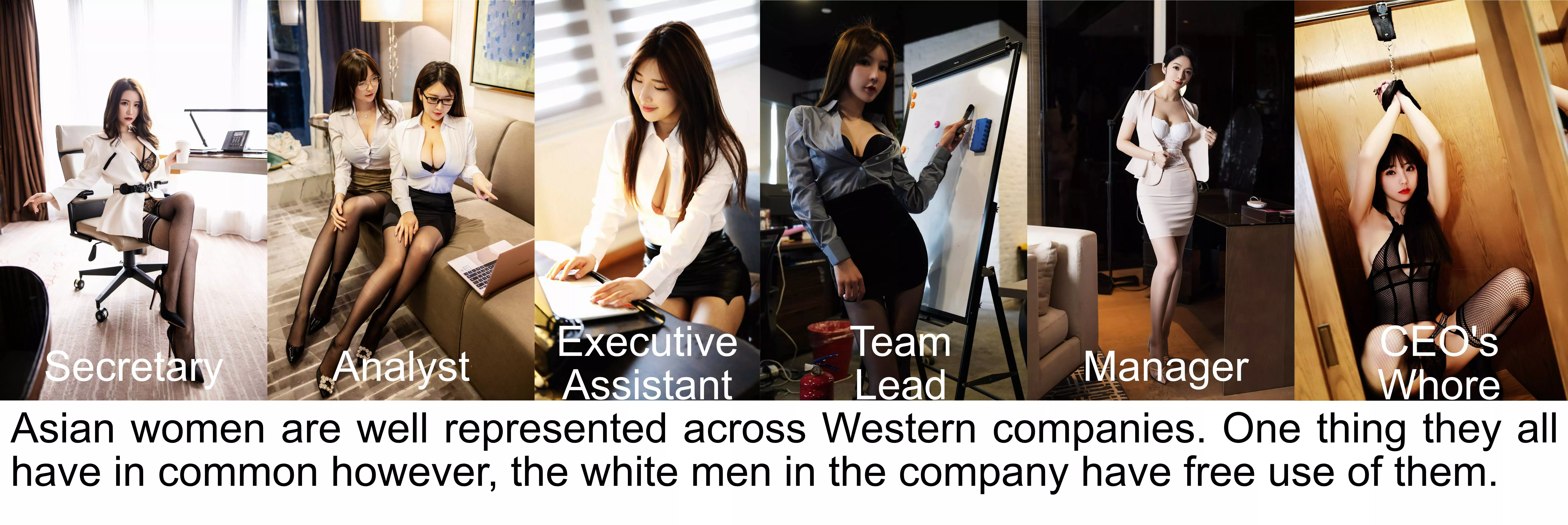 Asian women are well represented across the company - but one thing they have in common, serving the white men