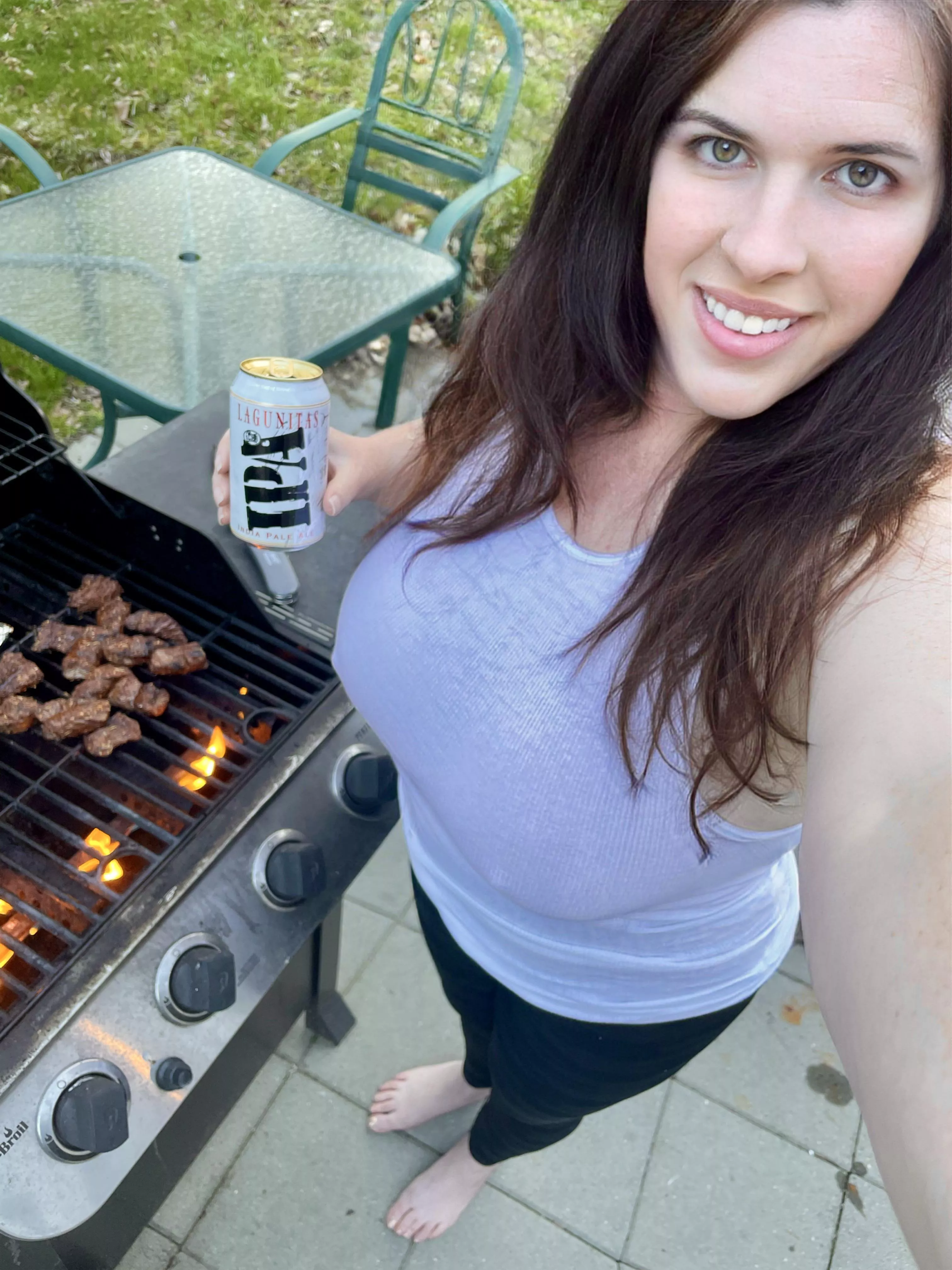 Beautiful weather for grillingâ€¦and beer. Sorry to some of my fans for not wearing pantyhose. Next time ðŸ˜‰