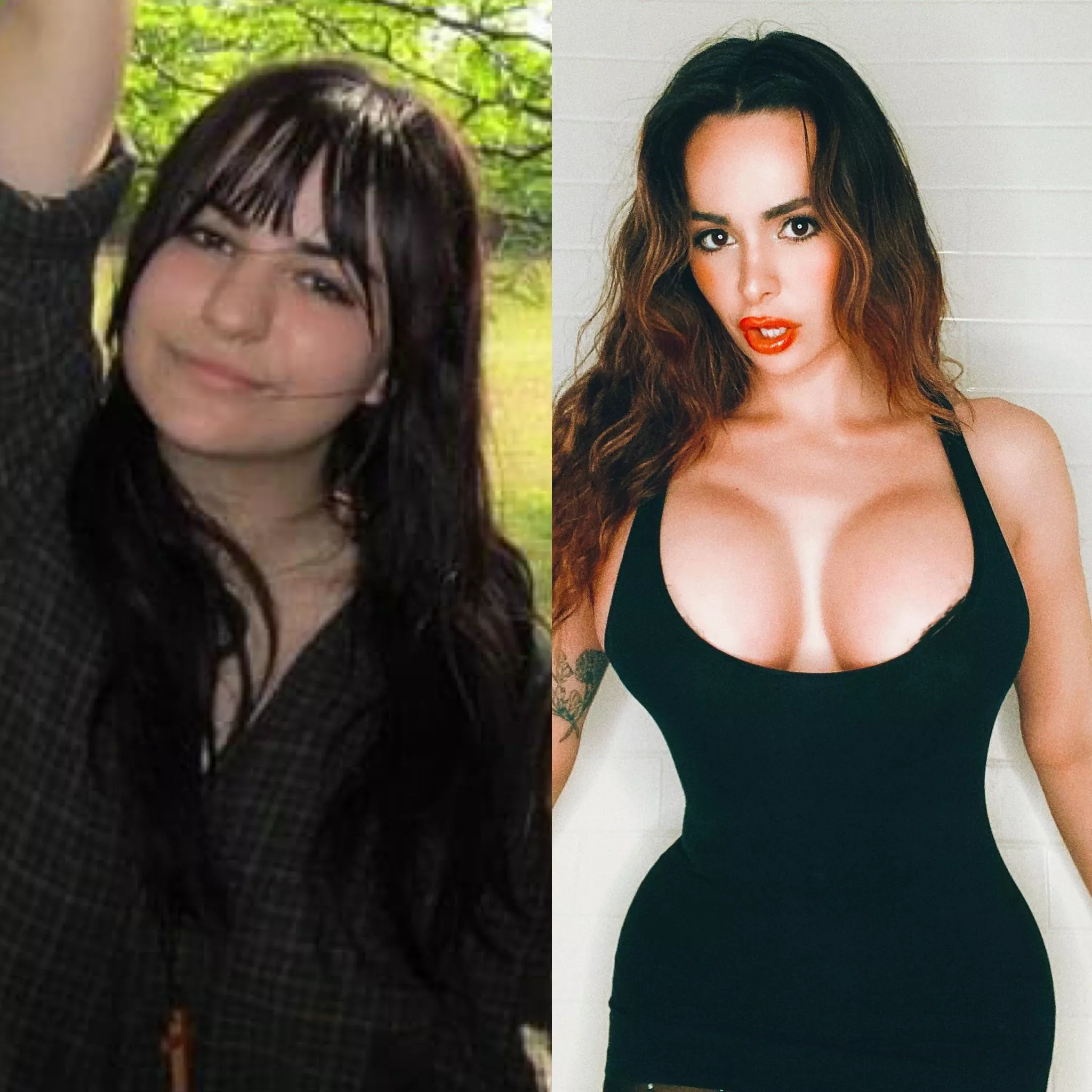 before adn after so far on my bimbo journey I love how I look so much better now!!!! so much more to go but heres so far :)