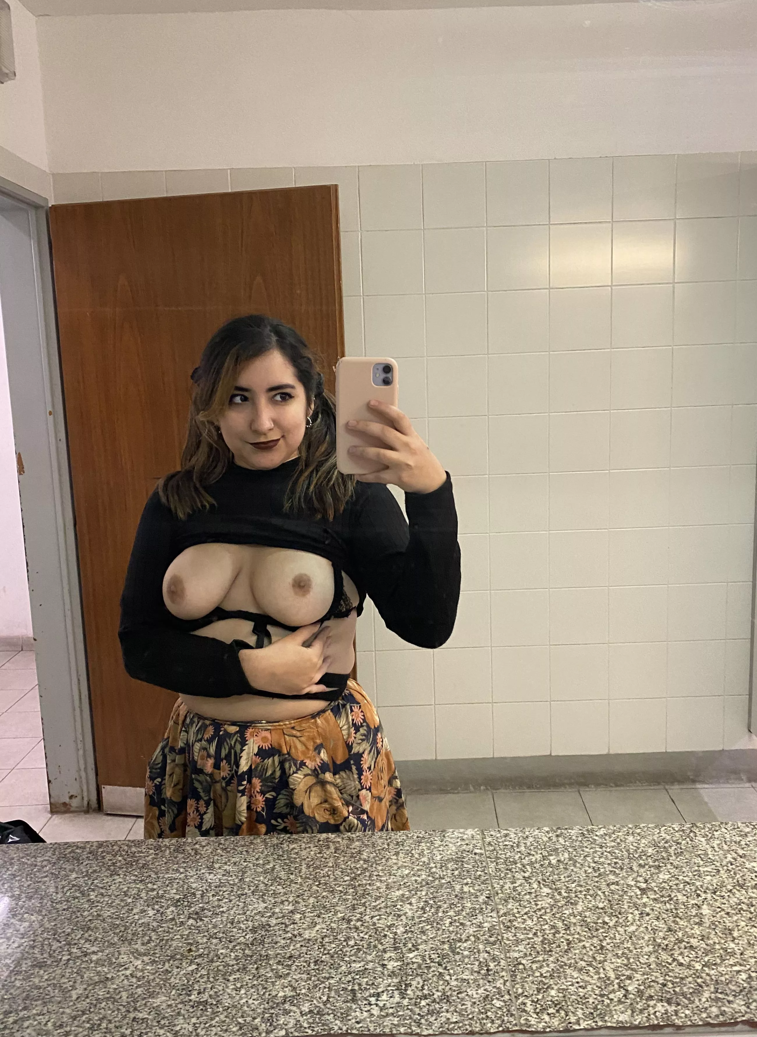 Being the studious overachiever girl from class can be tiring so I cope by flashing my tits in public restrooms