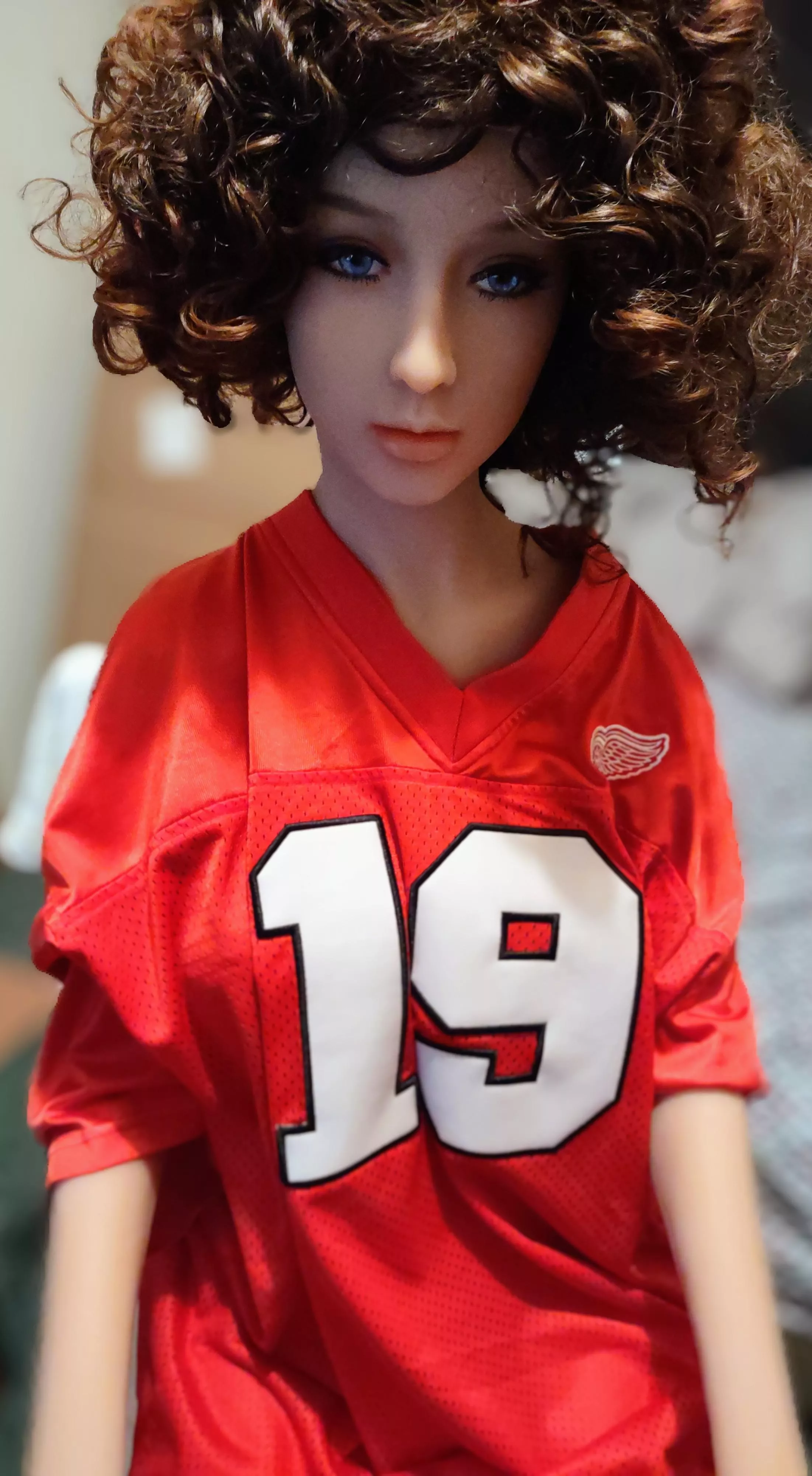 Bellephine looks great in my old jersey. Red is a good color for her.