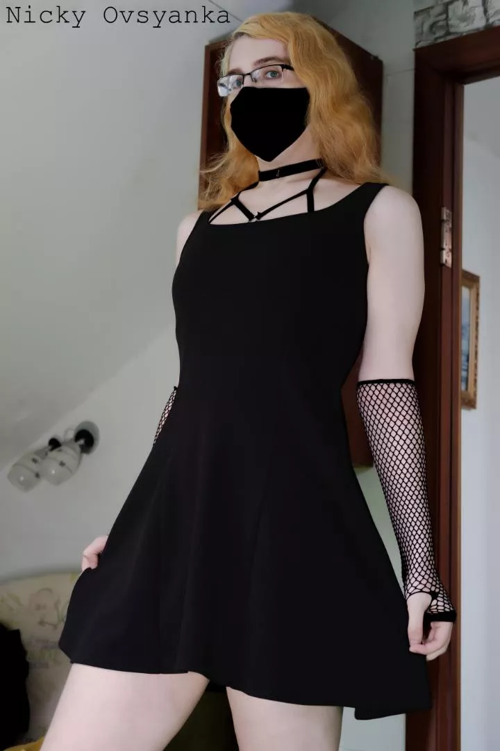 Big boy in cute black dress