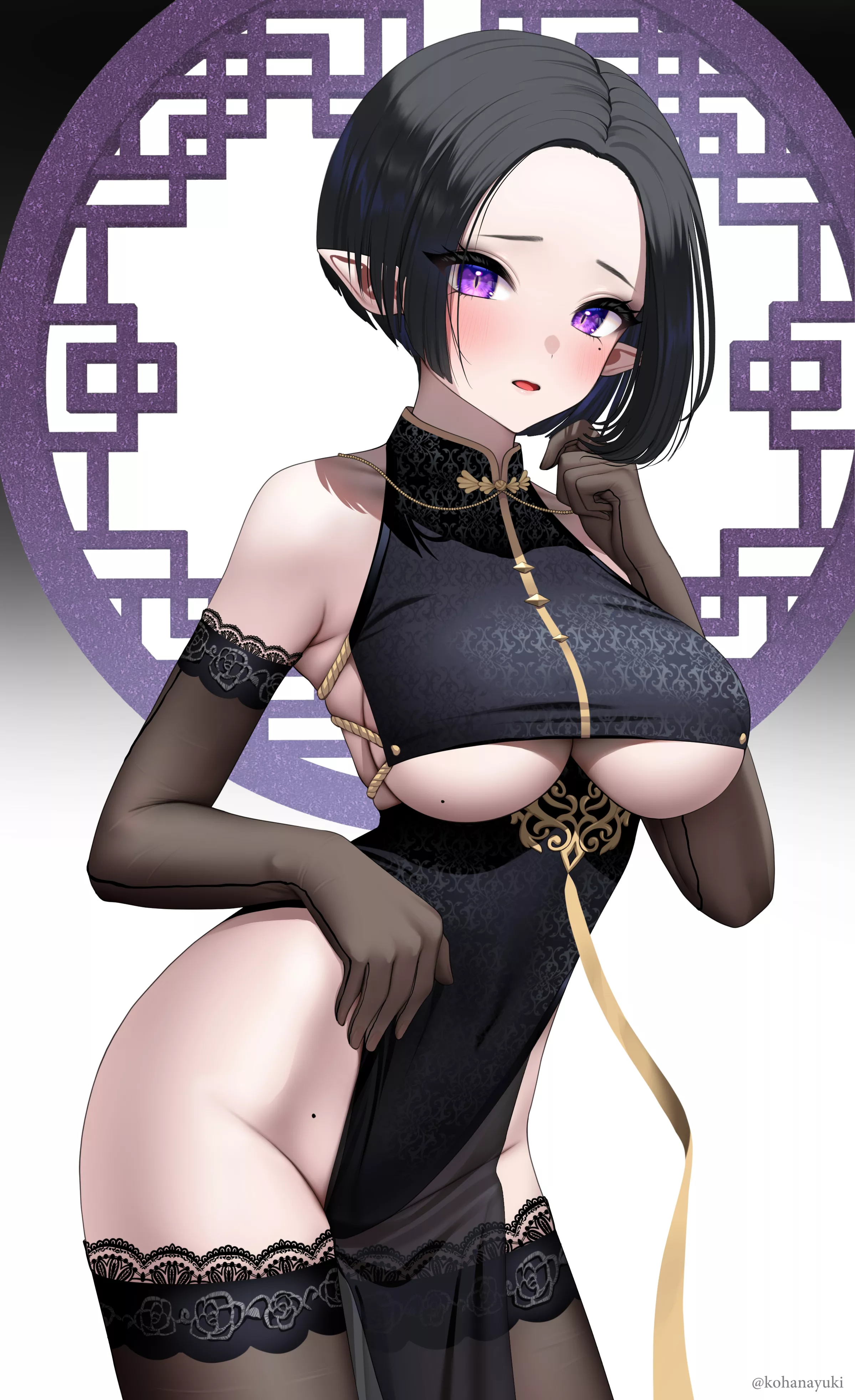 Black Lace Cheongsam Purple Eyed Elf (Kohanayuki ) [Original]