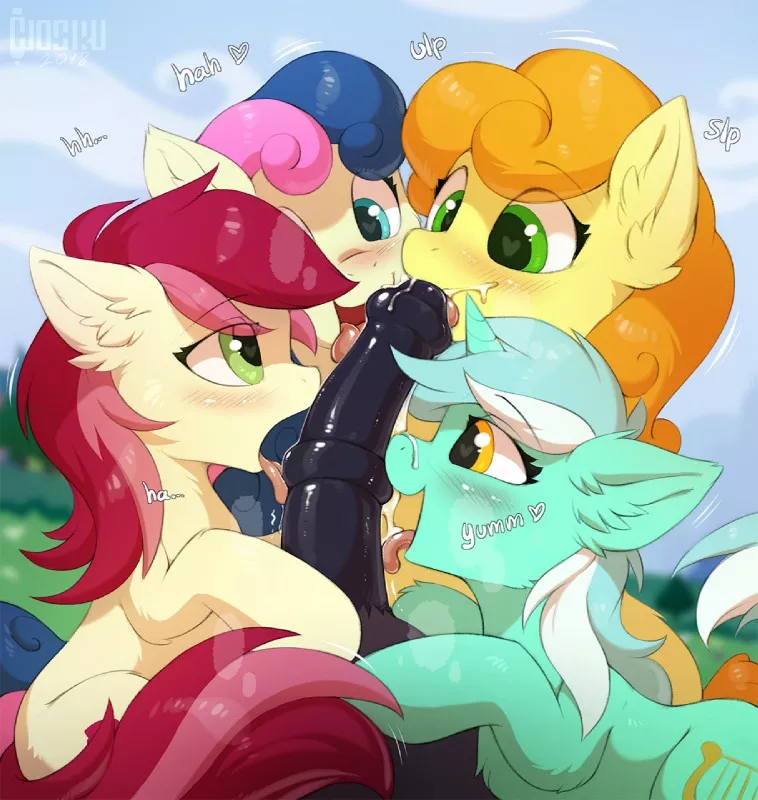 Bonbon, Carrot, Lyra and Rose all want to taste your precious horse cock, will you let them? [FFMFF] (hioshiru)