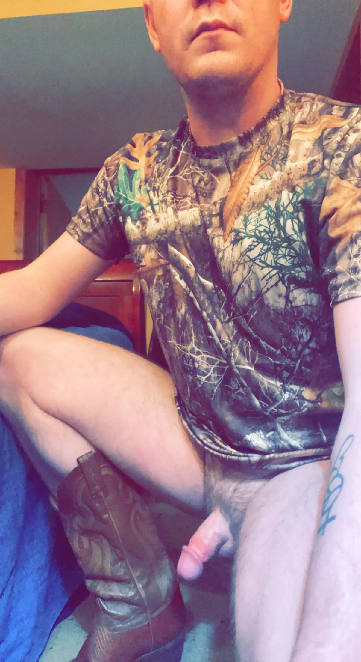 Camouflage, cock, and cowboy boots….my kinda fun