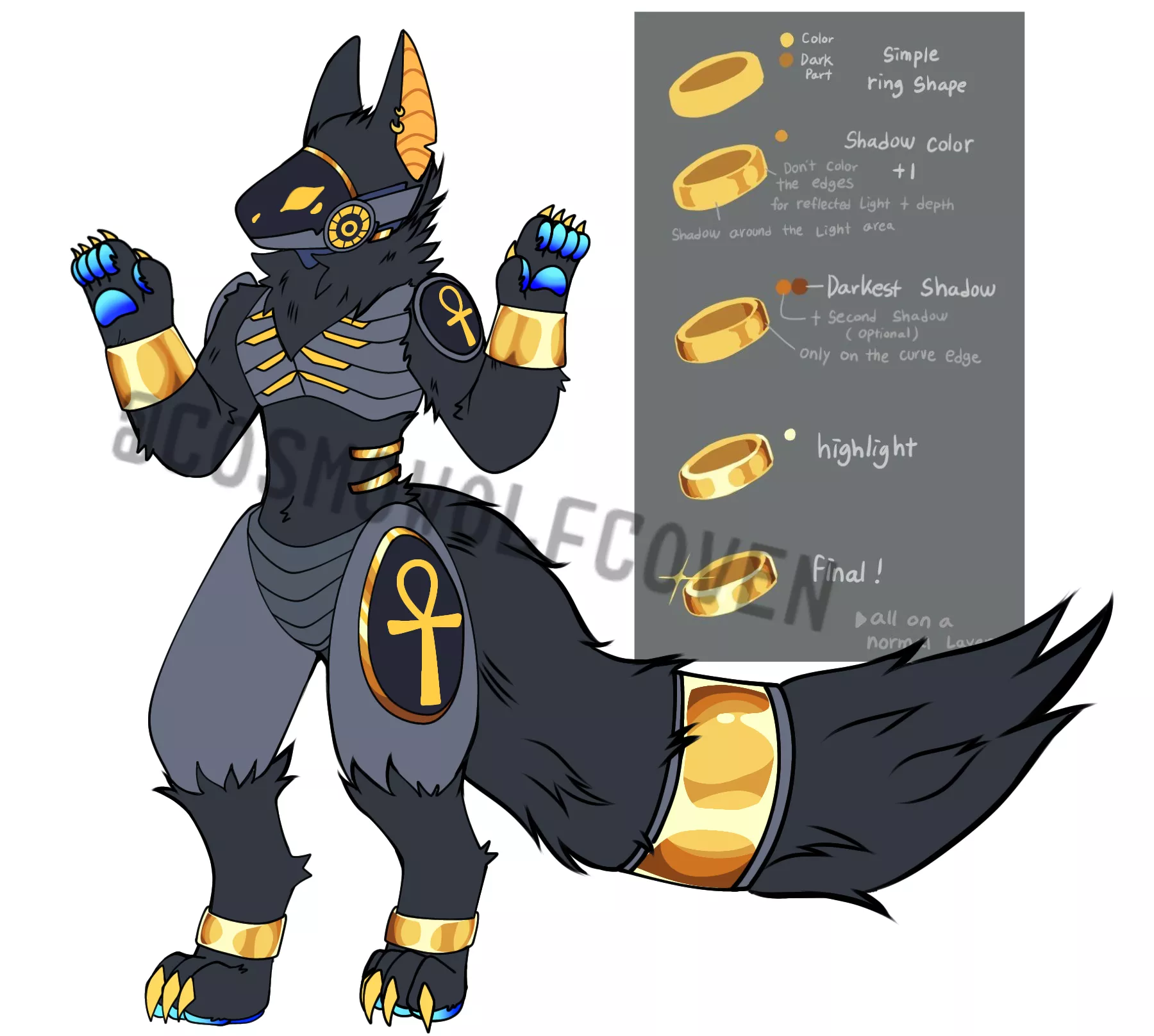 can you guys give me some feed back on this protogen design? it's Anubis inspired. it's my first time making adopt 😅art by me of course!