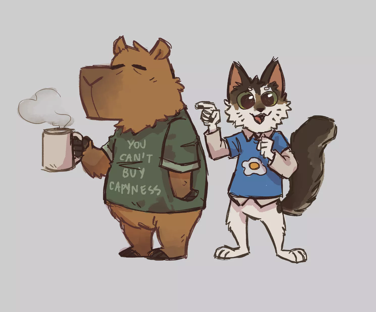 Capybara, cat, coffee and eggs (art by me @_capycorn)