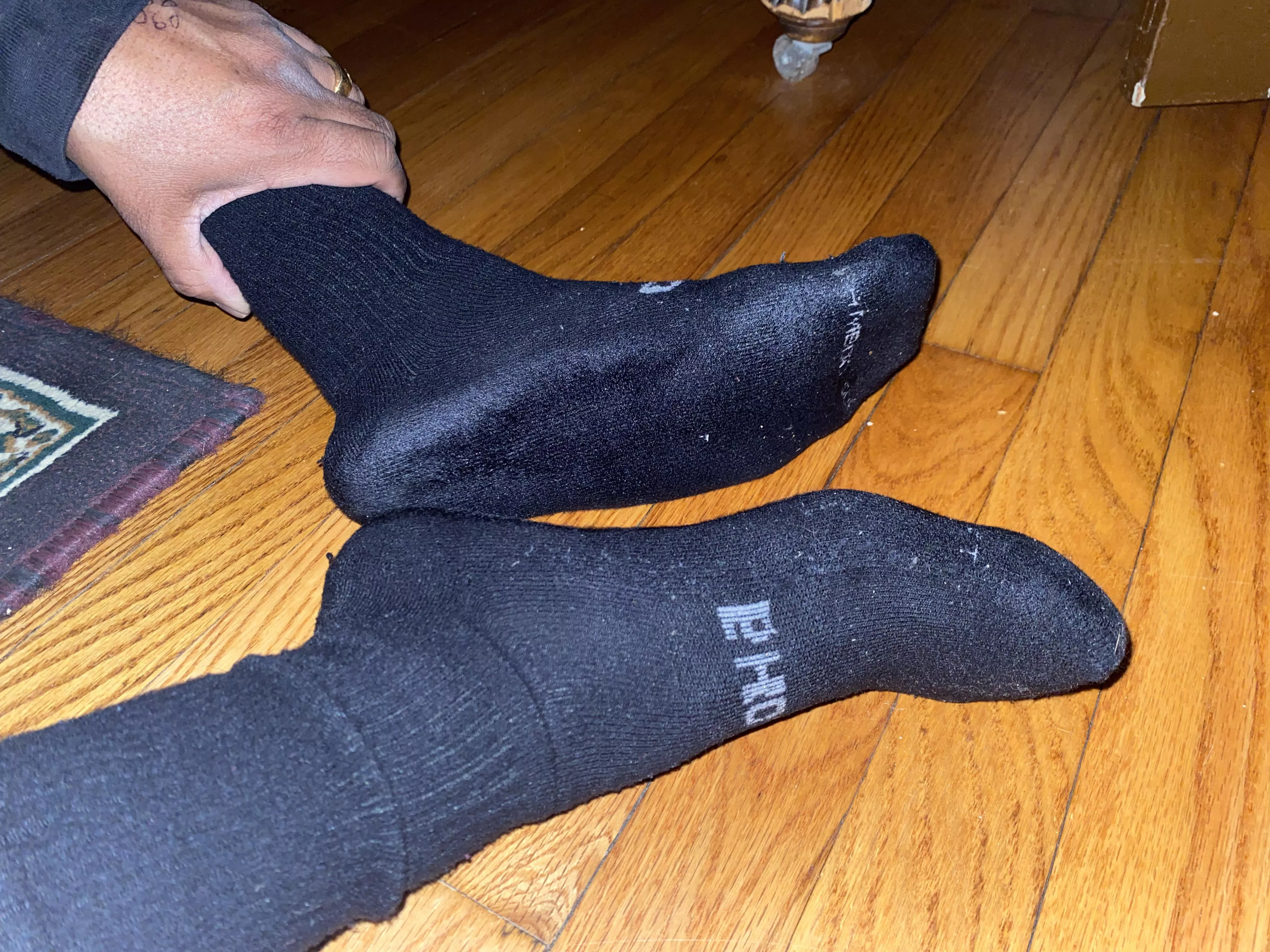 Carihola bamboo socks. I love these. I wore them hard and they have a polished smooth look. I had them a few years and they don’t fade and still have Cush in the soles.