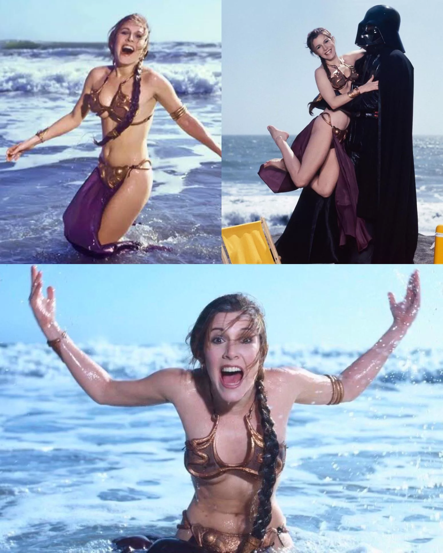 Carrie Fisher messing around at the beach. 1983