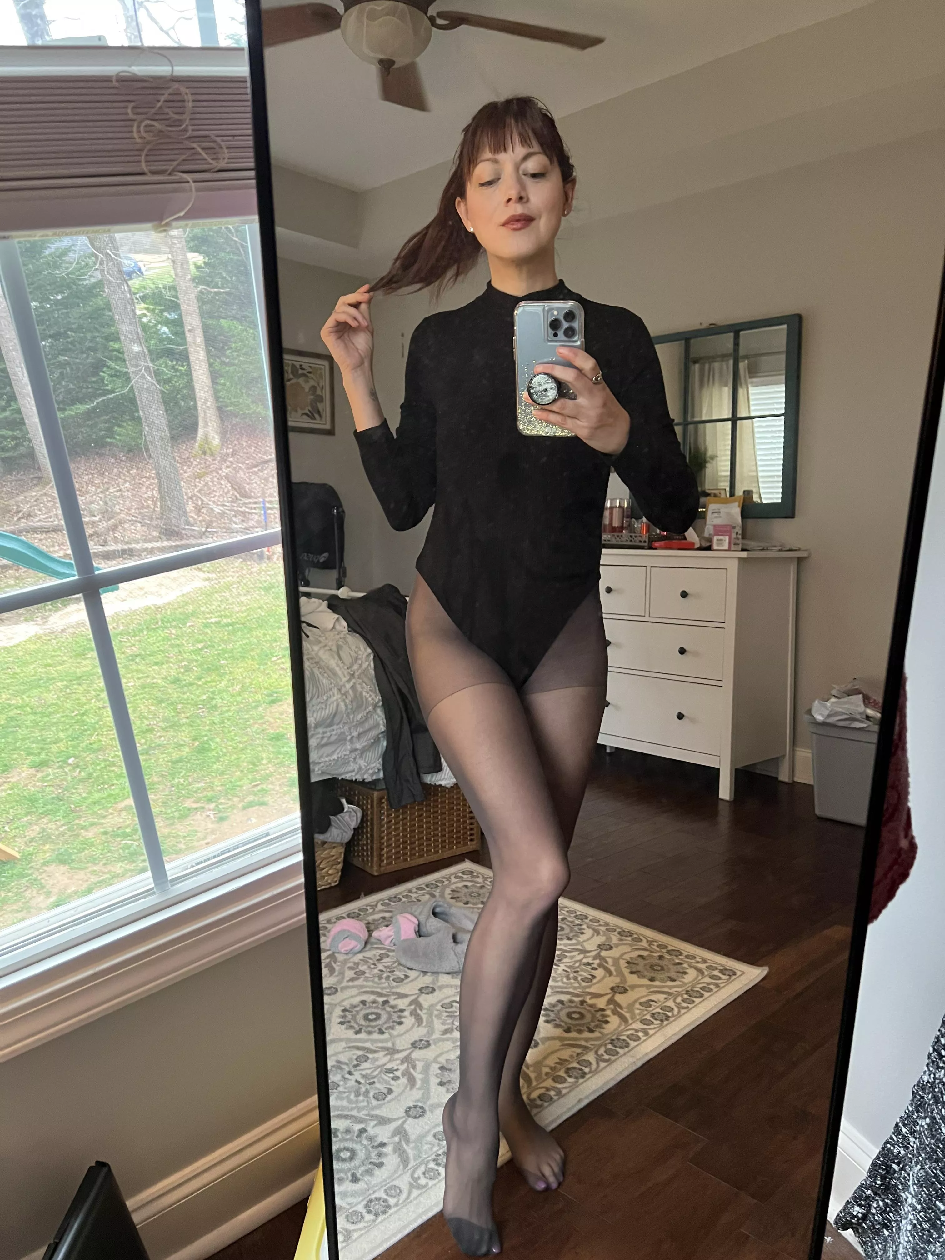 Casual day today - in my black pantyhose