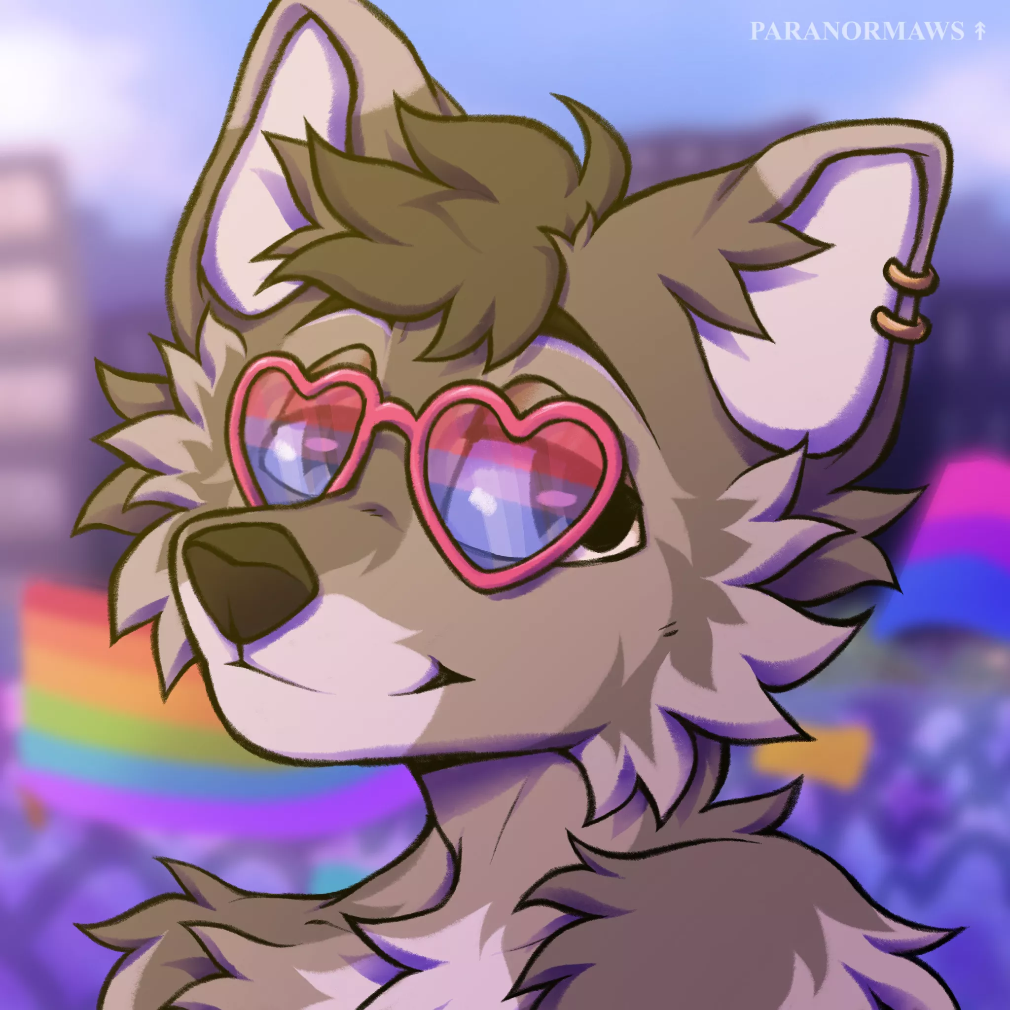 Celebrating my first pride with my fursona ! Happy pride everyone ! [art by paranormaws on Twitter]