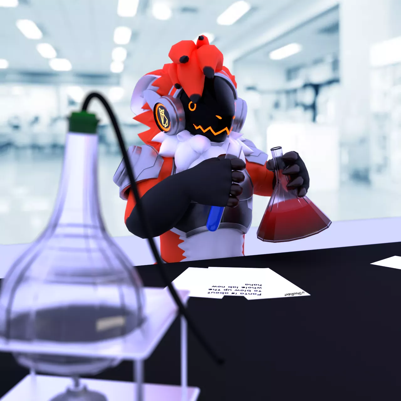 Chemistry Experiments! (Render by me, protogen model by @triwavebz on Twitter, OC belongs to Fanta the Protogen)