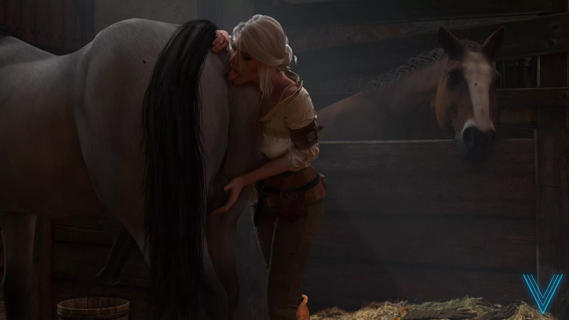 Ciri taking care of her stallion (ViceART)