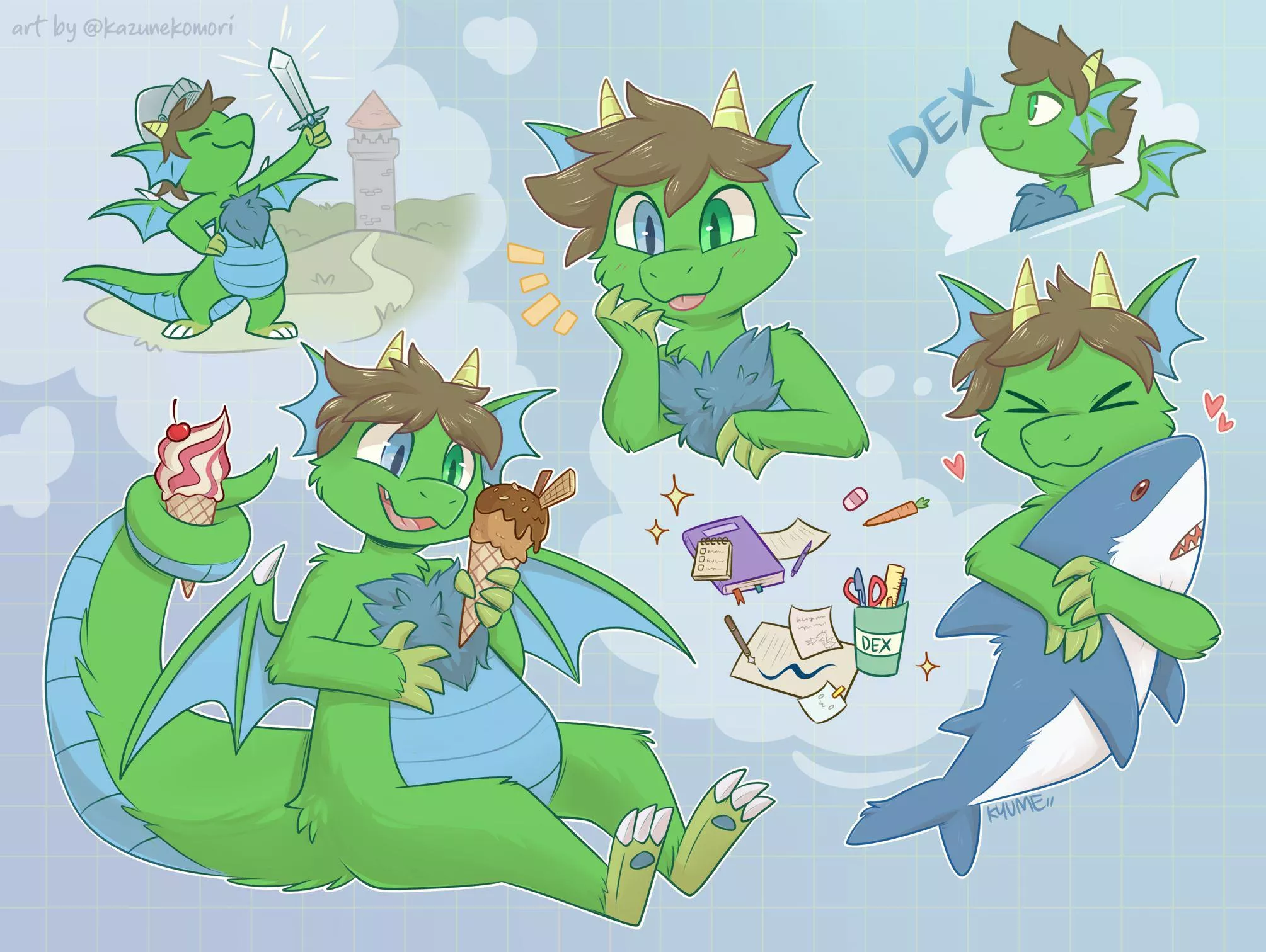 Commission doodles of Dex the fluffy dragon! [art by me @kazunekomori on twitter]