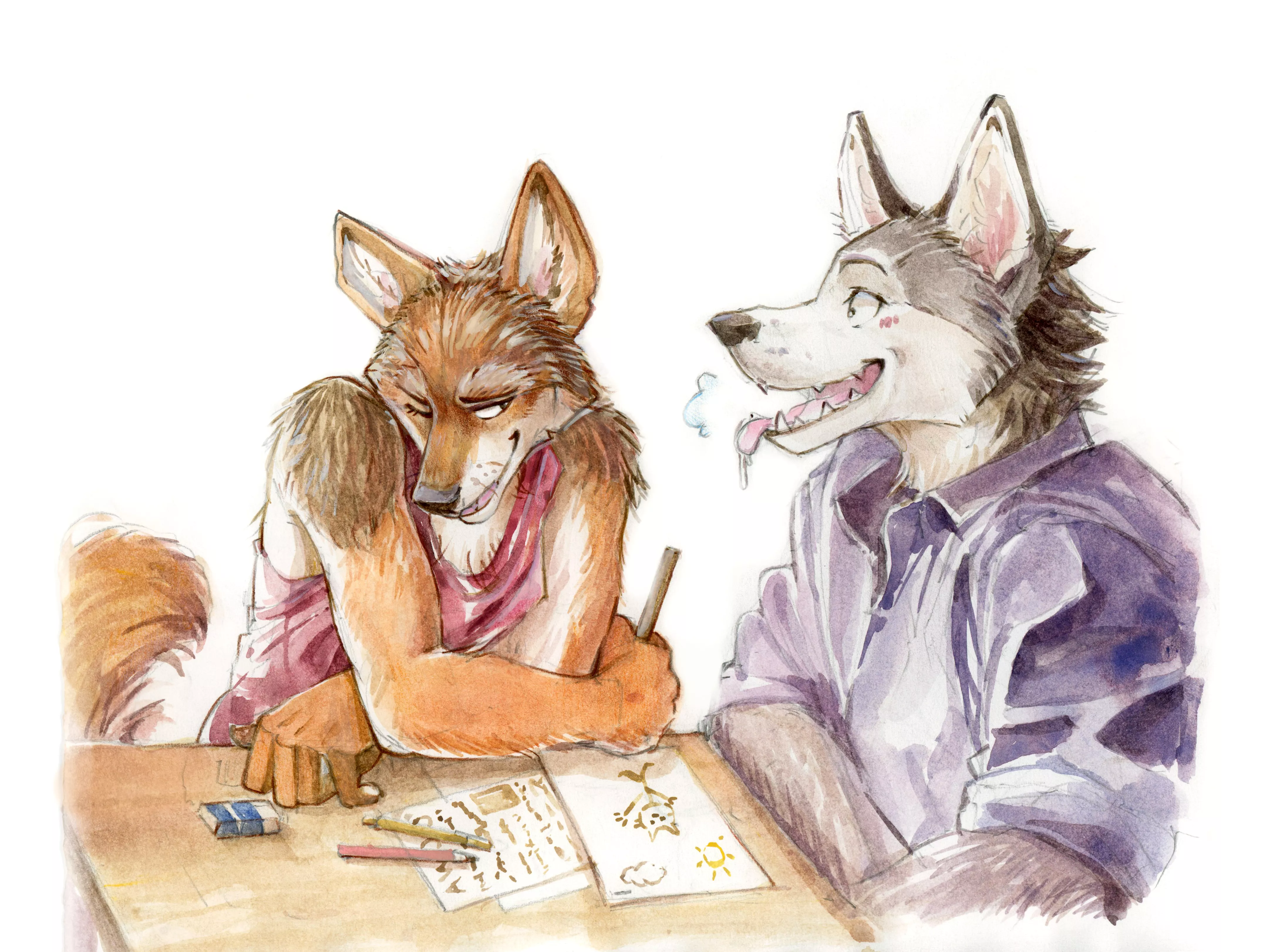 Coyote and Husky are classroom buddies; invent a story about them ! (watercolor art by me, @akatan_art on Twitter)