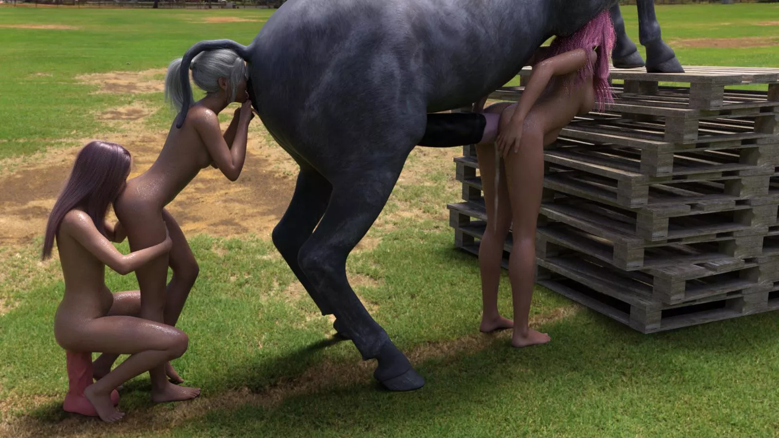 Cute babes playing with each other and their horse (wrecked3d)