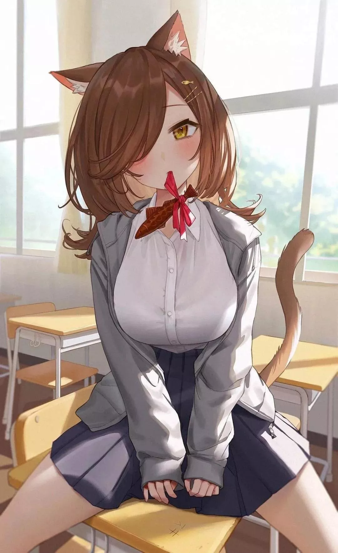 Cute cat girl in the classroom