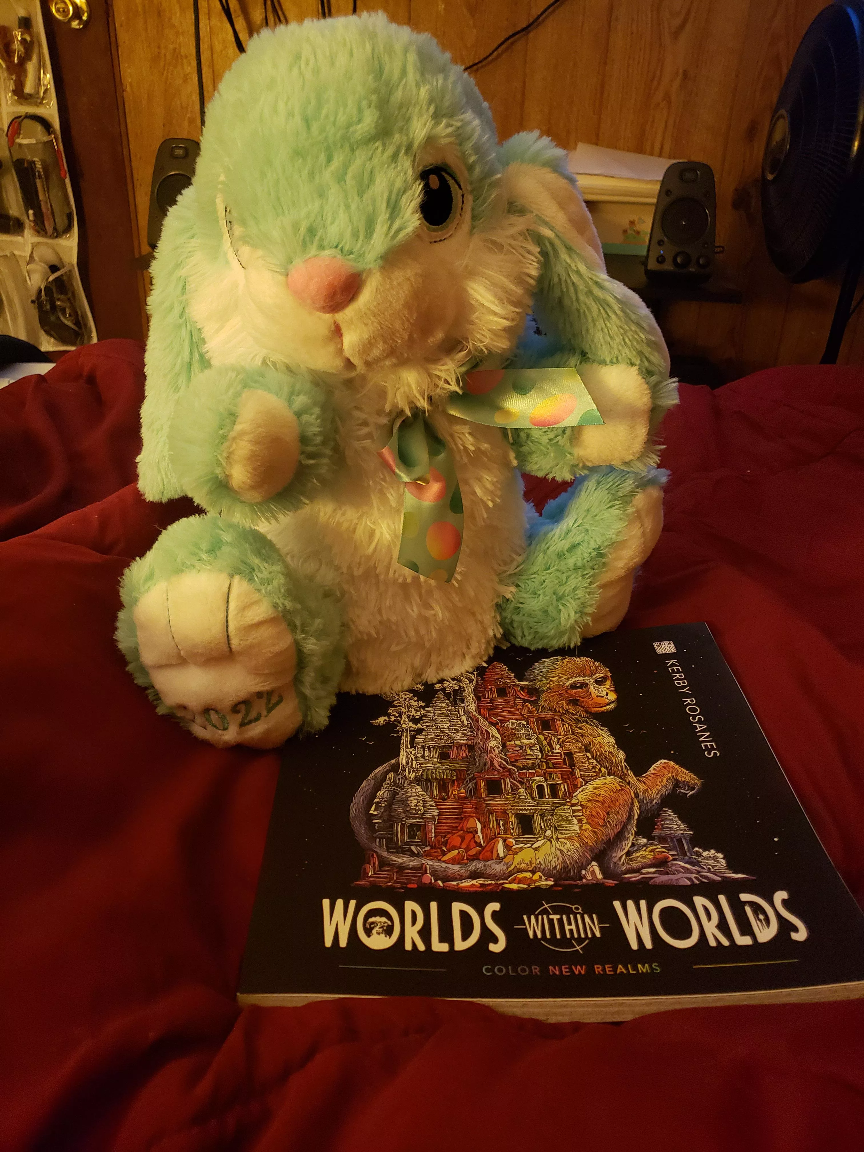 daddy bought me a bunny plush (help me name him?) and a new coloring book cuz ive been sicky.