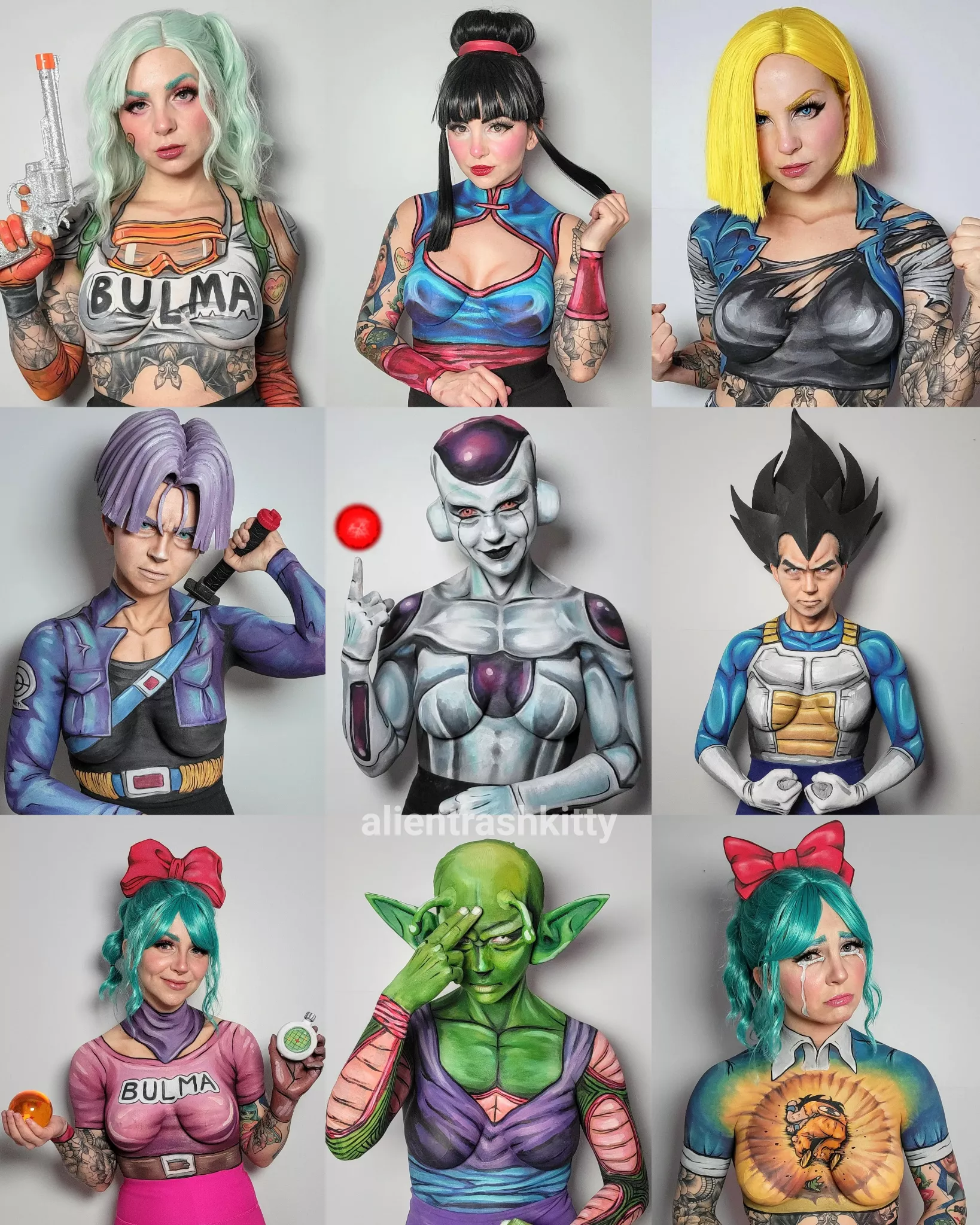 Dragon Ball characters in bodypaint cosplay by AlienTrashKitty