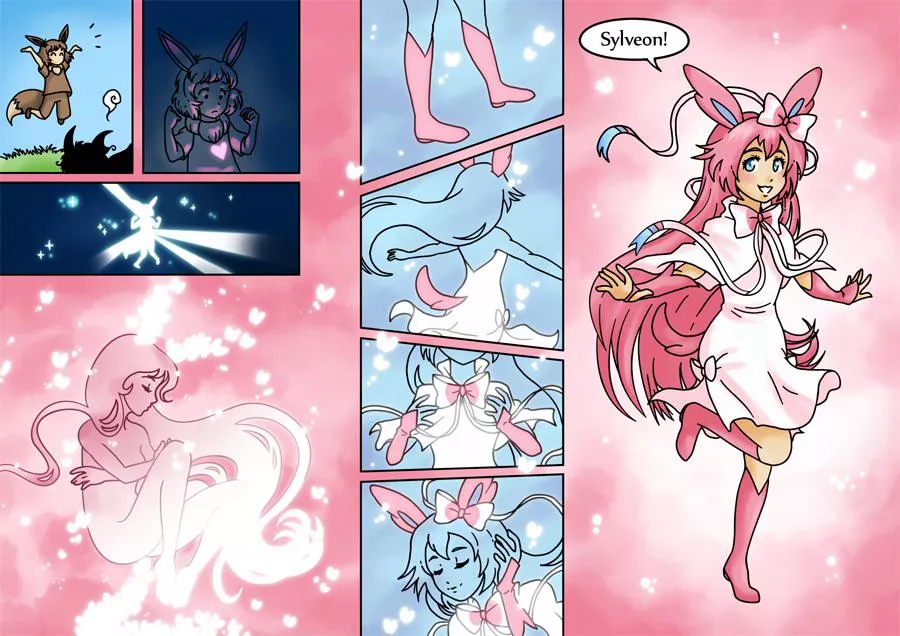 Eevee evolves to Sylveon by nya-nannu. (Pokémon, Magical Girl, Elegant,)