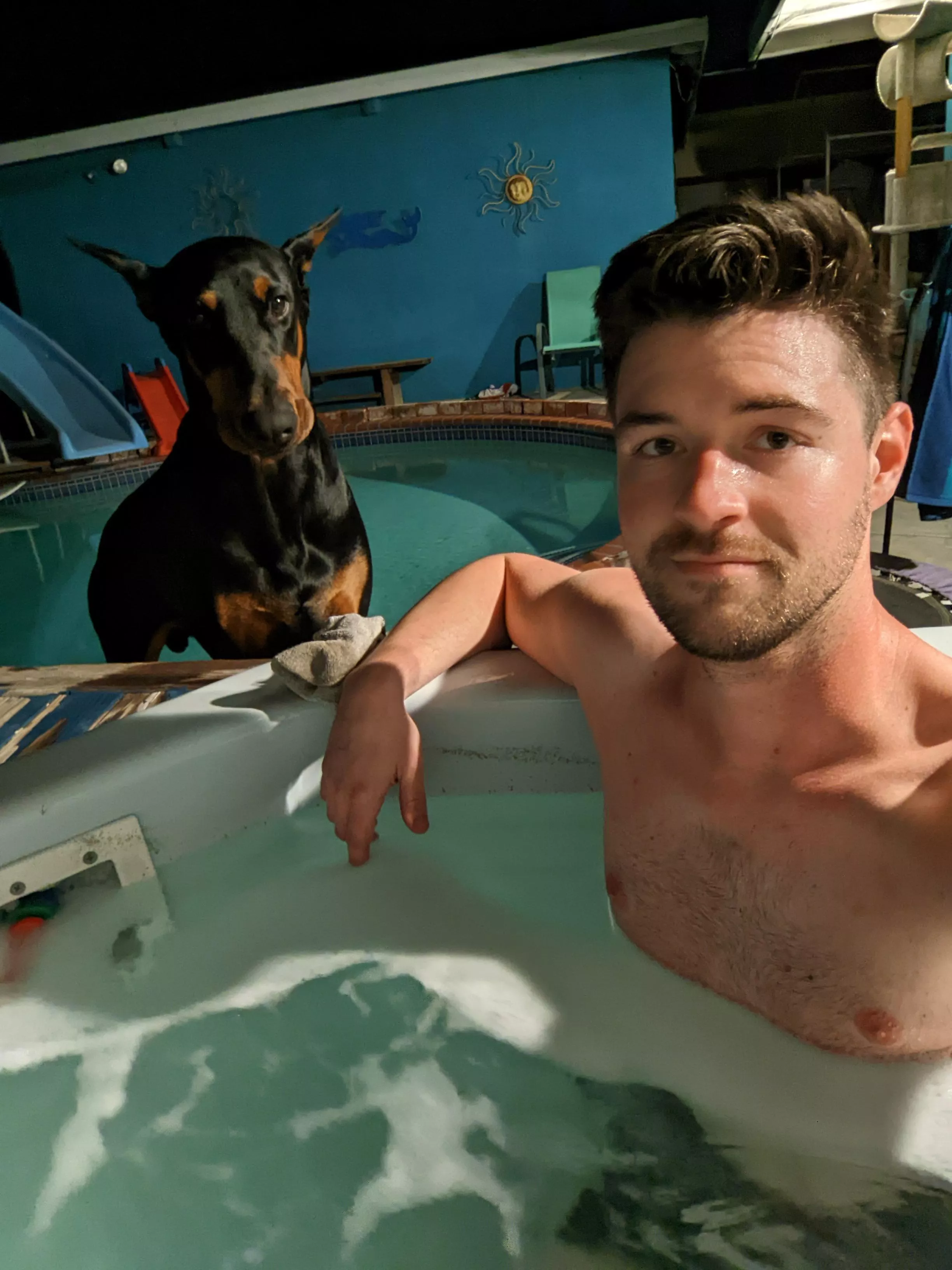 Enjoying a soak with this good boy to keep me company.