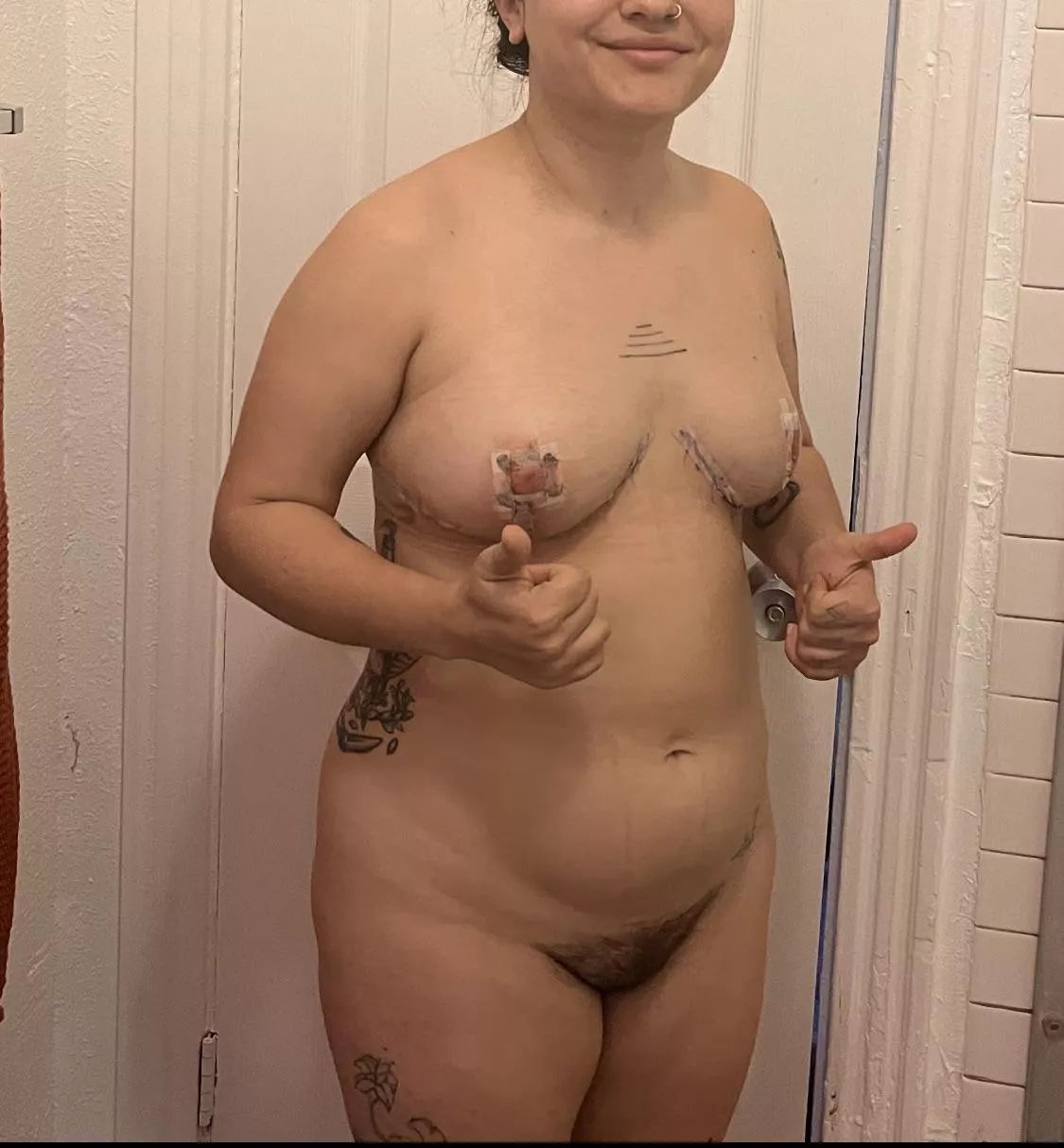 f, 26yo, 152 lbs, 5’0”. 2 days after breast reduction surgery. it hurt too much to relax my shoulders back, stand up straight, do all the things I do to feel attractive and comfortable. and yet, I felt SO much more like myself, like I had the body I 