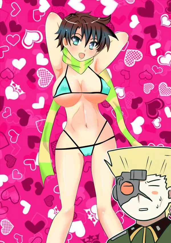 Female Joseph Joestar in her bikini with her arms up showing her armpits with the hot pink background with hearts with Stroheim on the bottom right corner