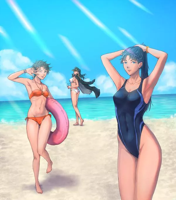 Female Joseph, Jotaro and Jonathan in their bikinis at the beach and on the left Joseph is holding a floater with her left hand and her right arm is up showing her armpit and on the middle Jotaro is wearing her jacket at the beach and on the right Jonath