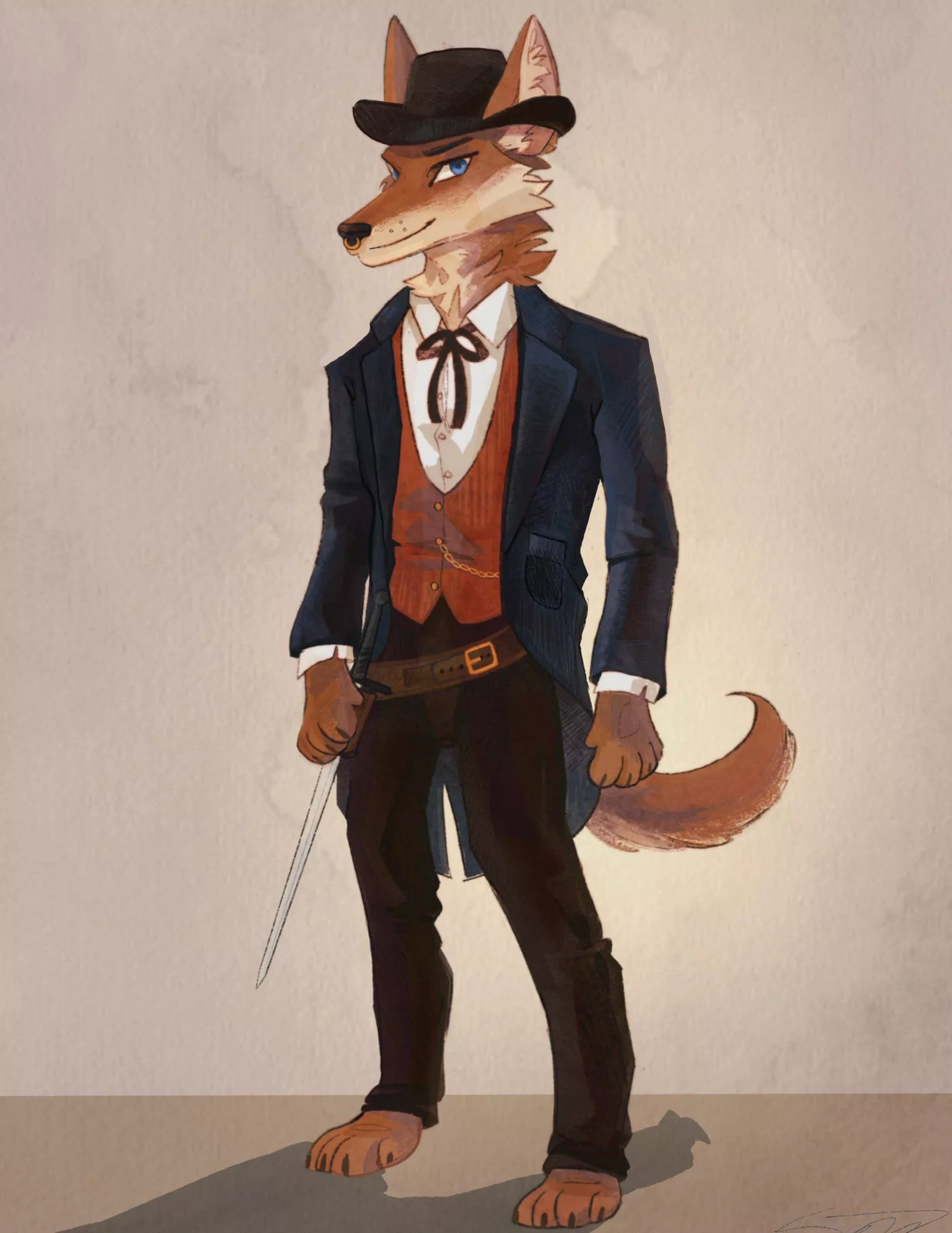 Finished commission of a very sharp dressed Coyote bard