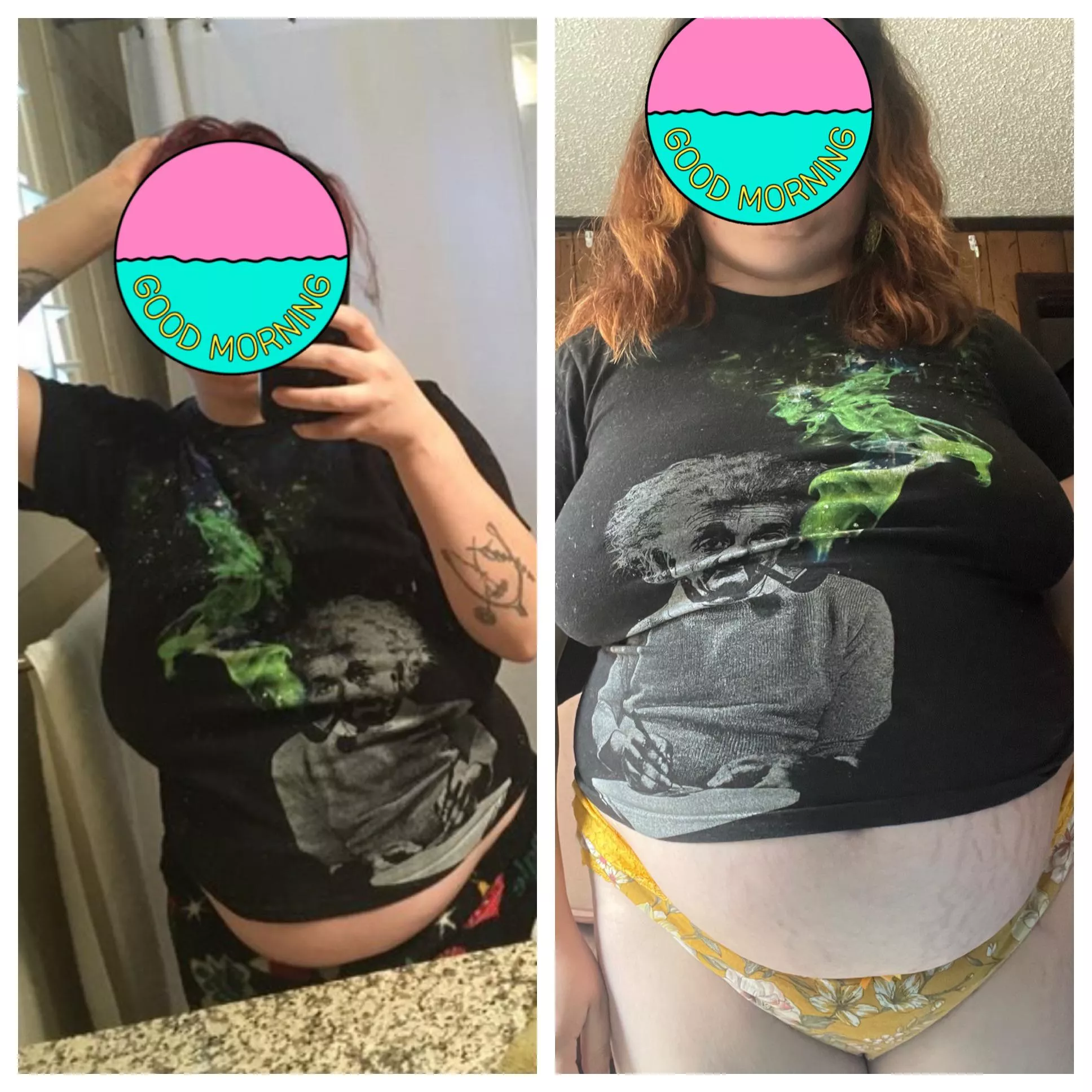 First picture is after I gained around 60 pounds vs the next which is the last 40 or so since then. Didn’t realize that I looked much different or that this shirt has become so cropped