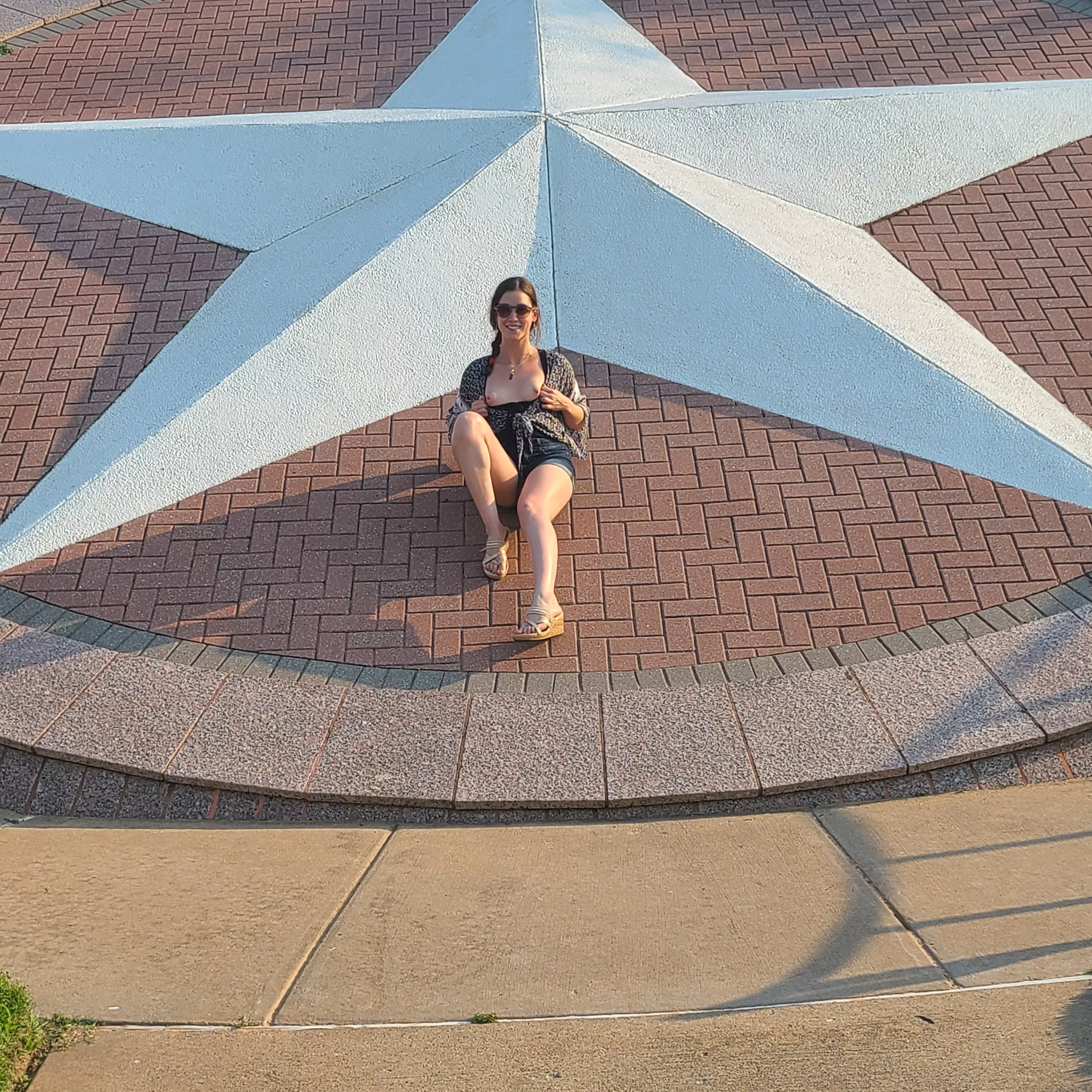 Flashing on the side of the highway driving into Texas to shoot a bukkake! So many cars were honking! ;)