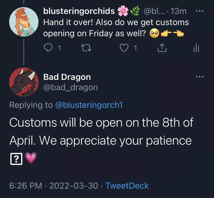 For anyone wondering when customs will be open, itâ€™s April 8th :-)