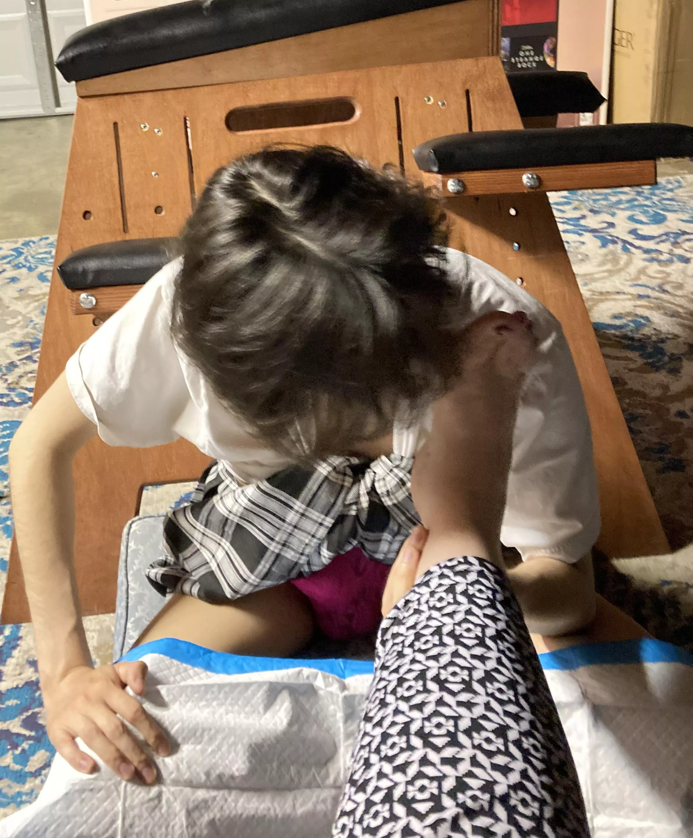 Friday night my foot boy came over to be given access to worship my feet. Before that he had to dress appropriately in pink panties and a school girl skirt.