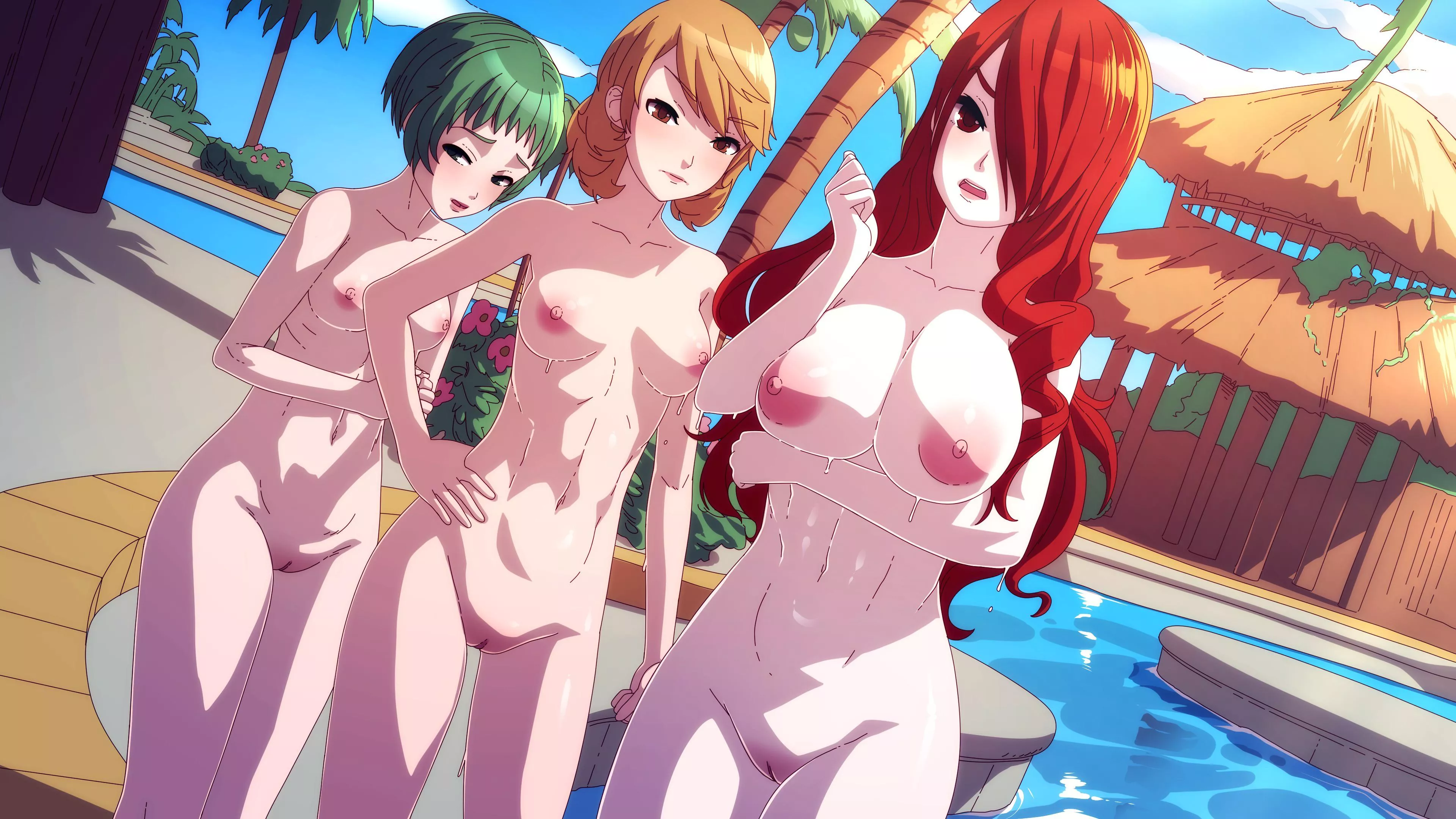 Fuuka, Yukari, and Mitsuru at a nude resort