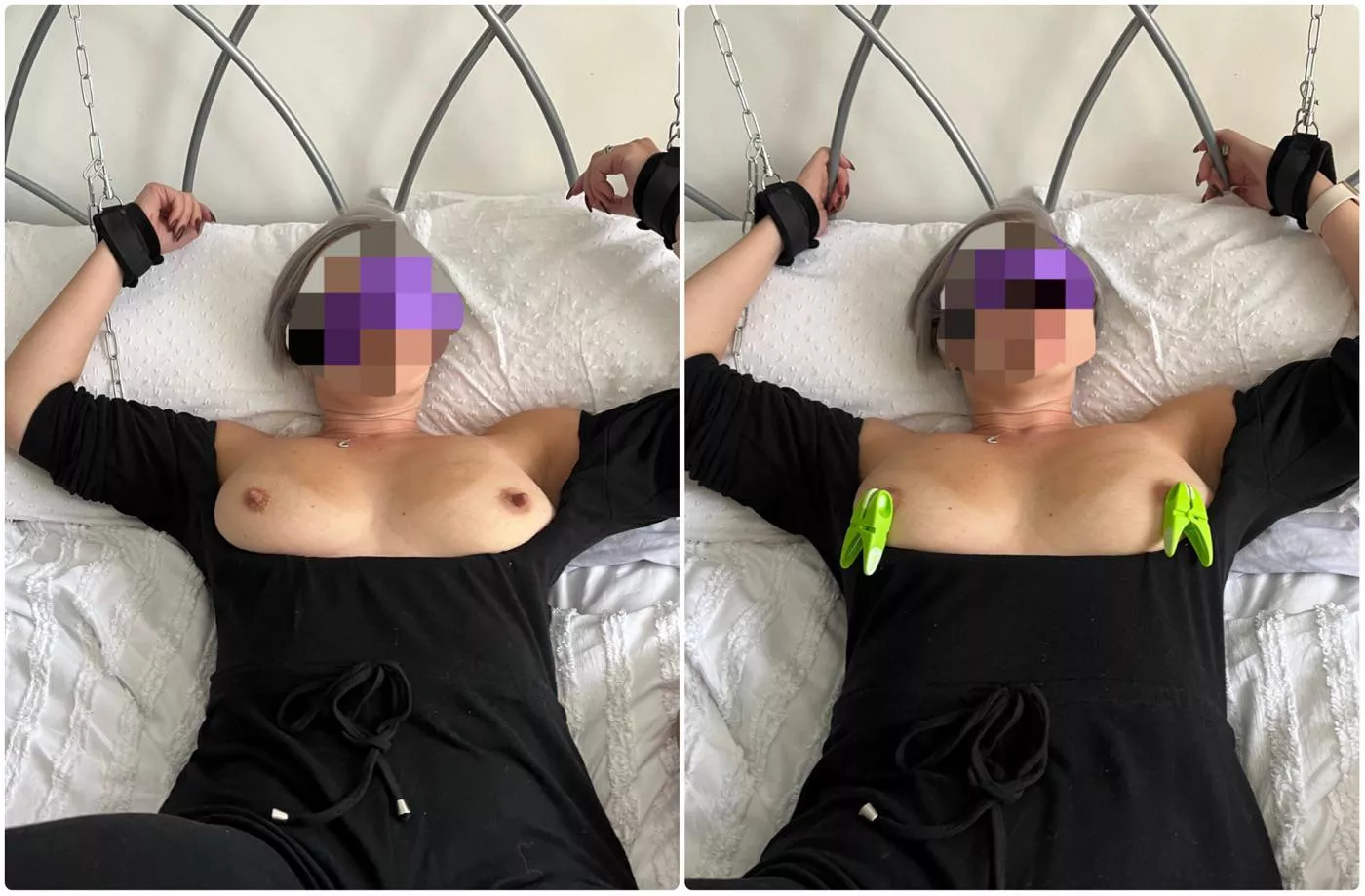 Getting the sex toy ready… Blindfolded ✅ chained to bed ✅ clothes pegs on nipples ✅ …