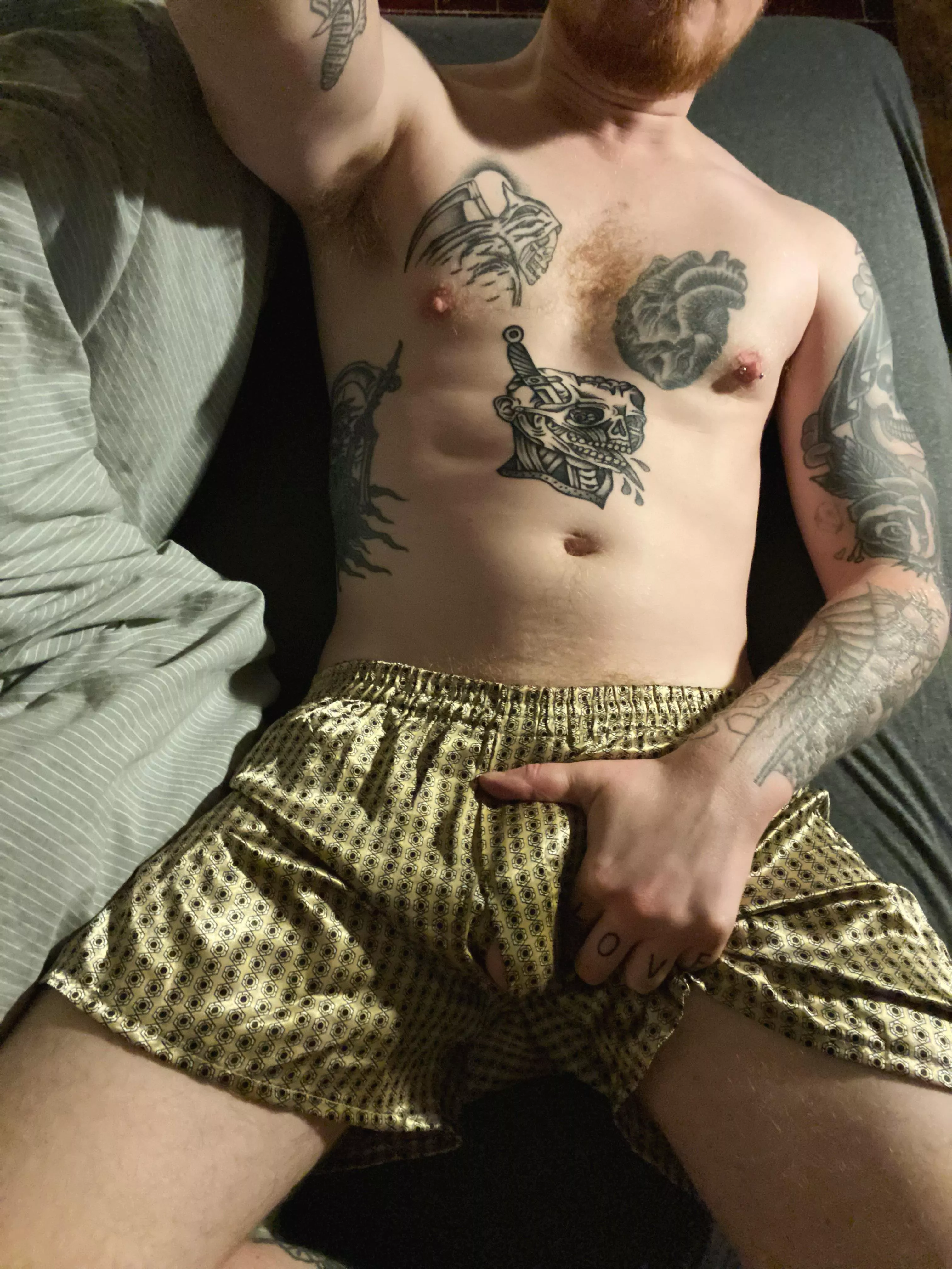 Gold silk boxers.