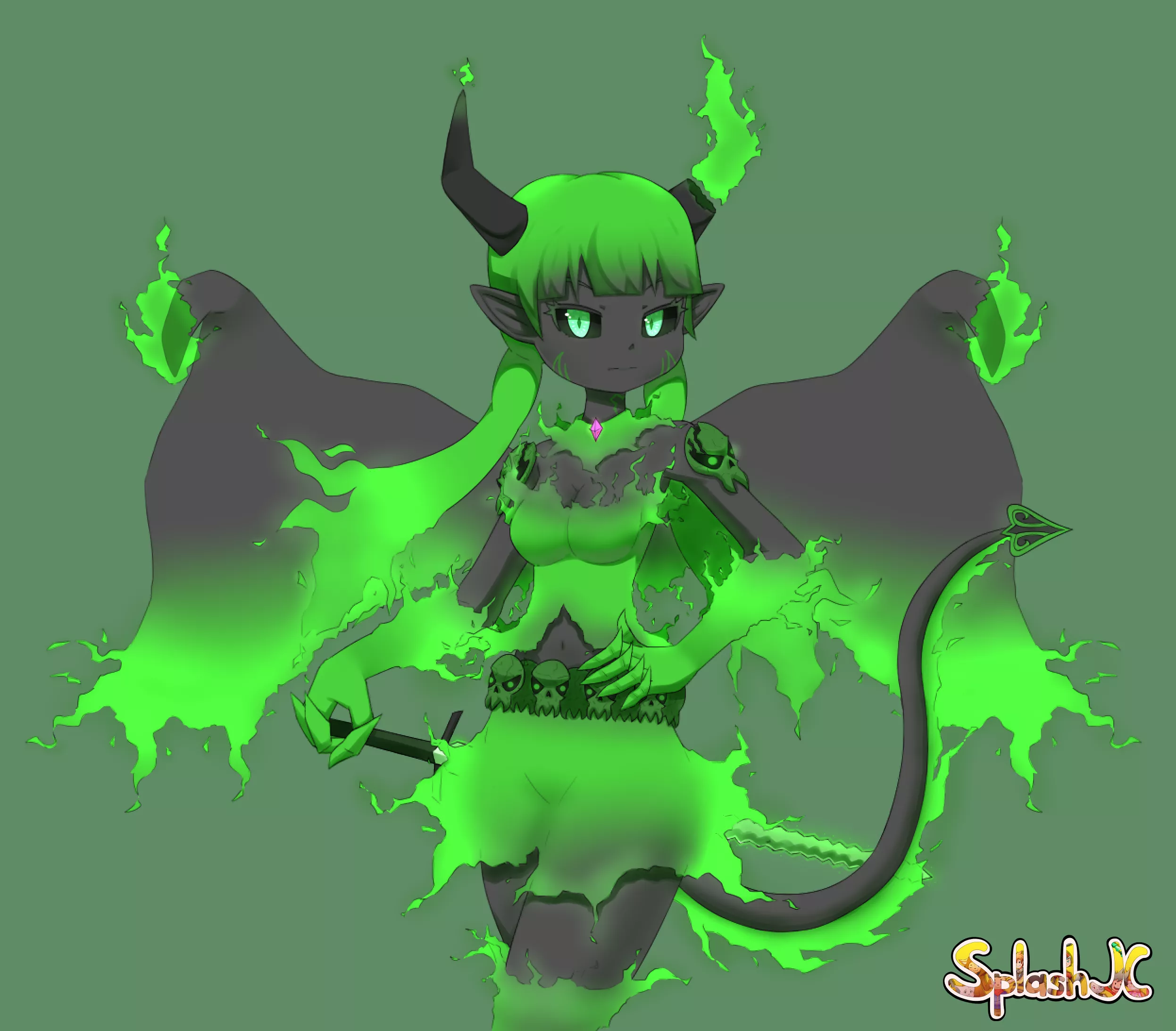 Green-flamed Balrog girl! Commission for me by @SplashJC1 (Twitter) -her name's Bellona. :3