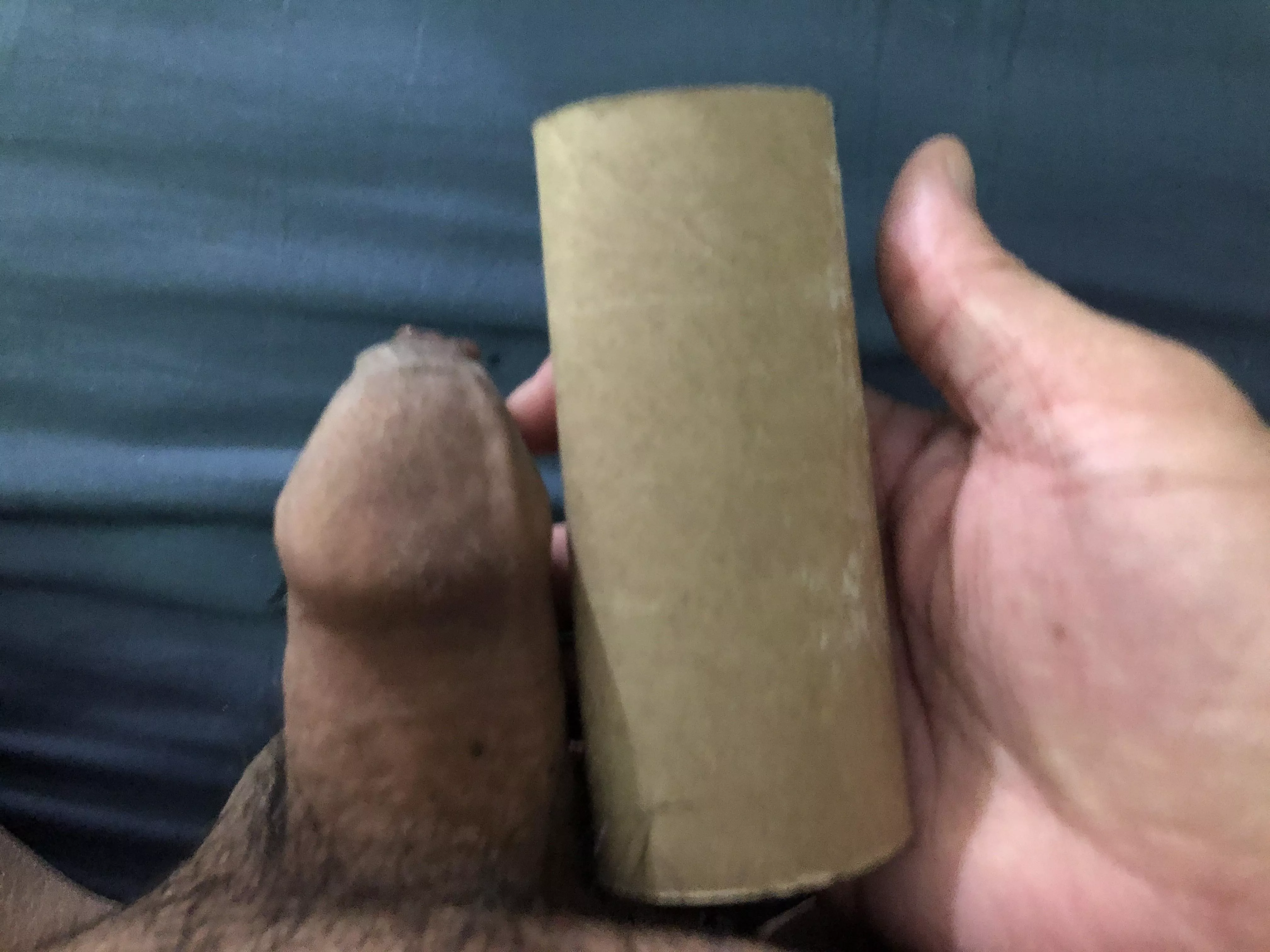 Hard cock next to toilet paper roll