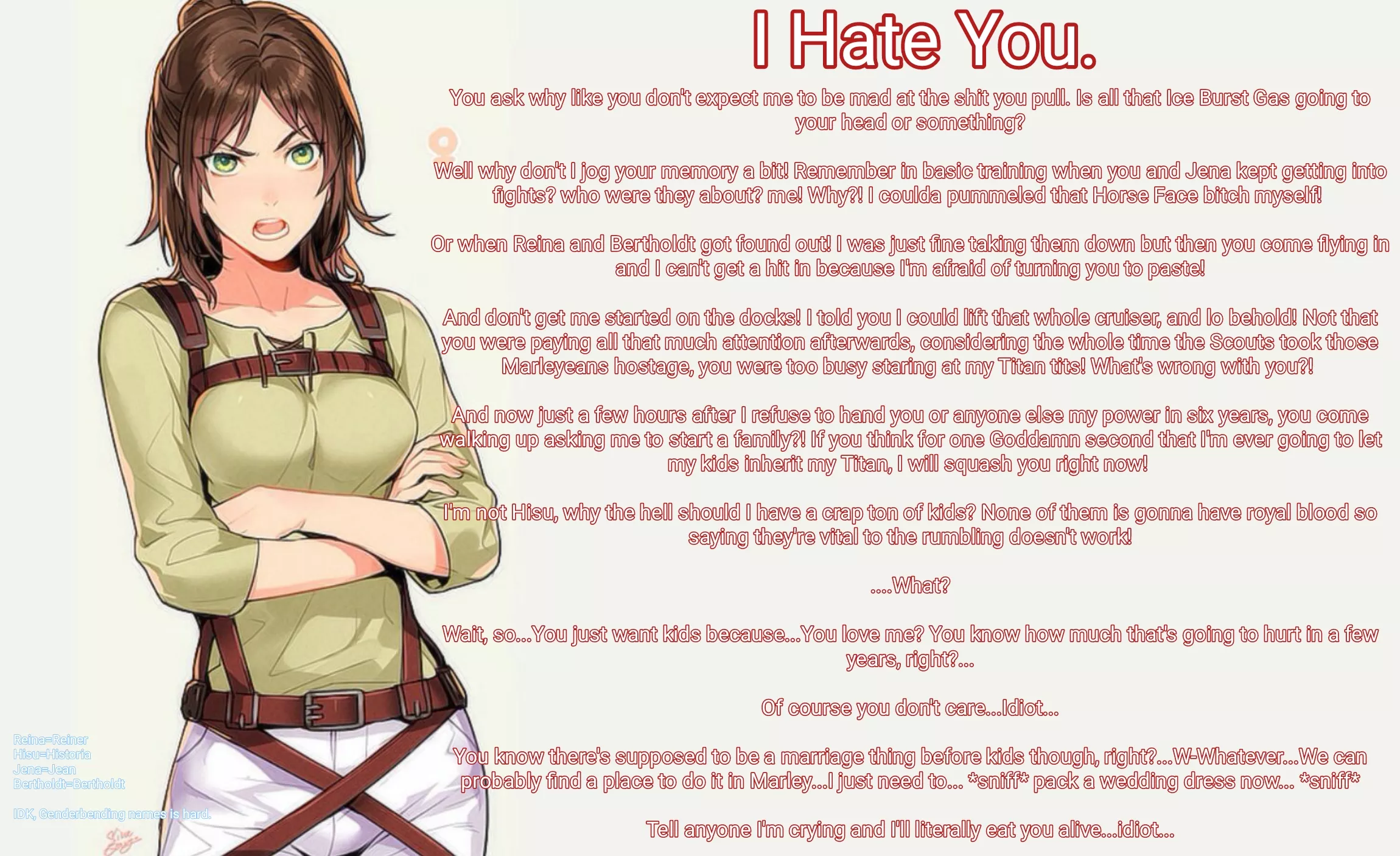 Hate is a Strong Word [AOT] [Genderswap] [Wholesome] [Tsundere] [No Sex]