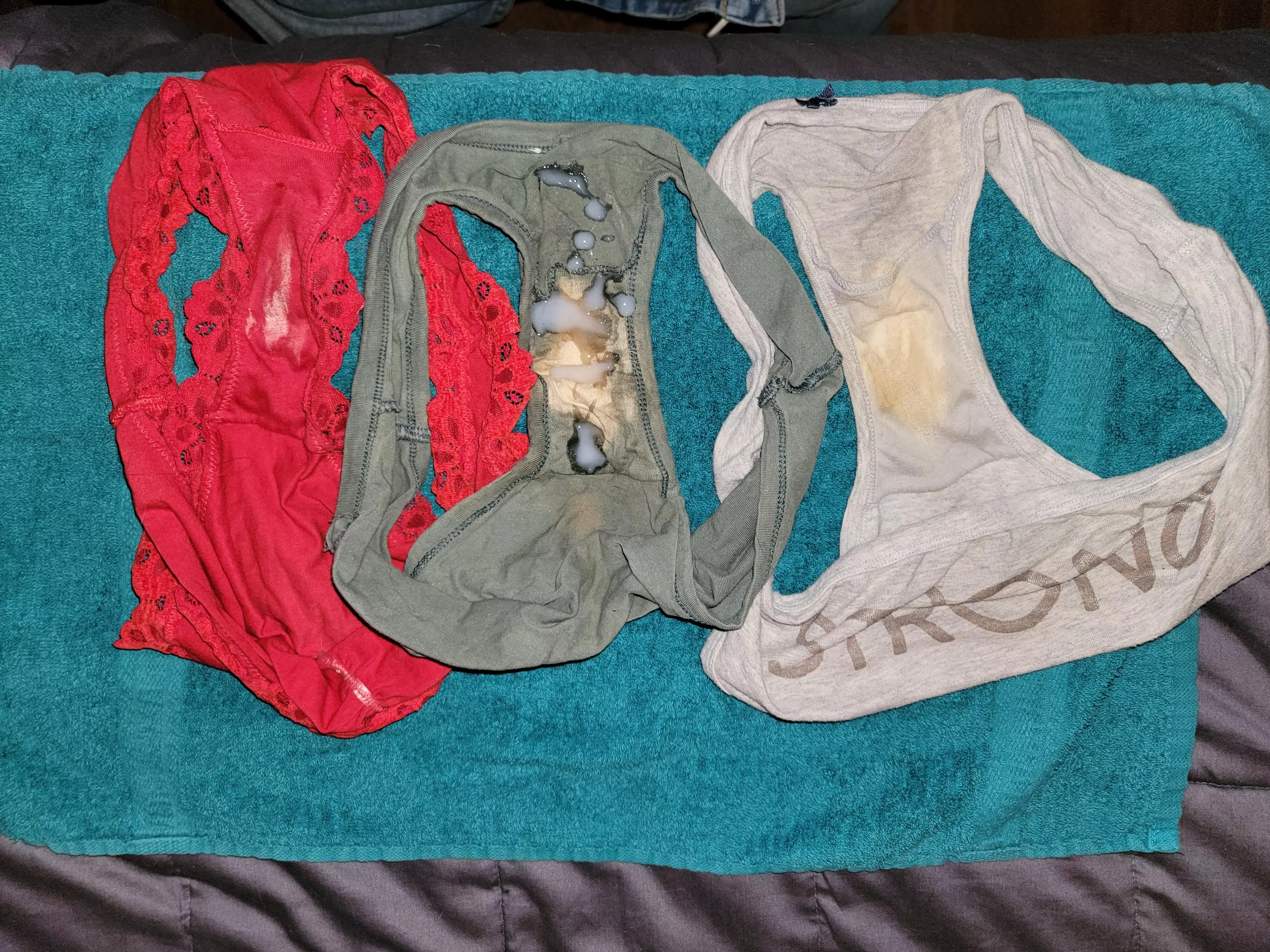 Having fun with three pairs of wifes dirty panties