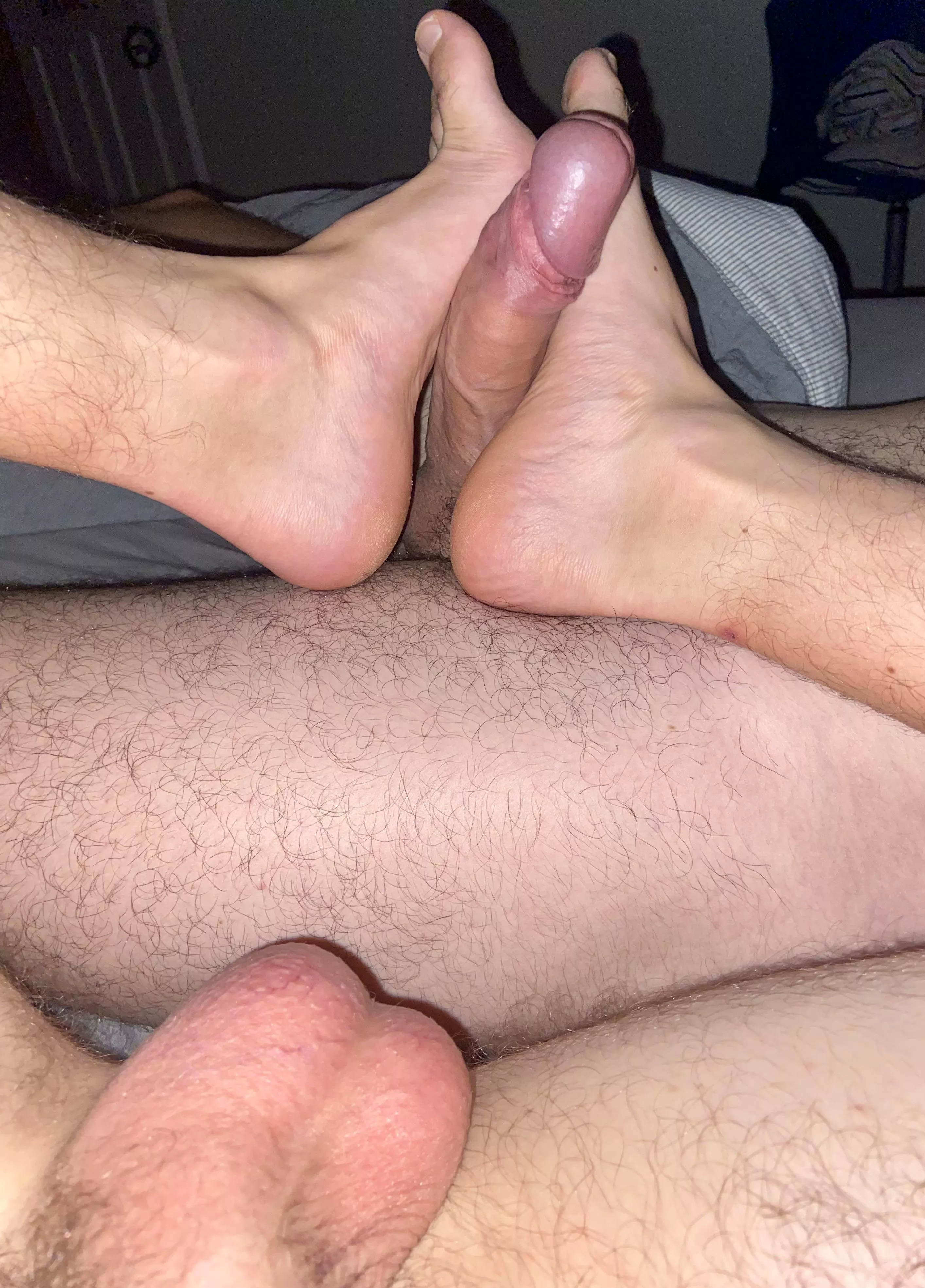 He likes when I jerk him with my feet