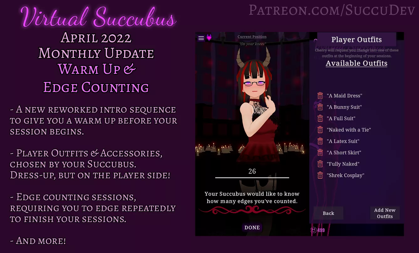 [Hentai Femdom JOI AI] Virtual Succubus April Update 0.28 | Warmup | Edge Counting| Player Dress-up | PC/Android Demos Available