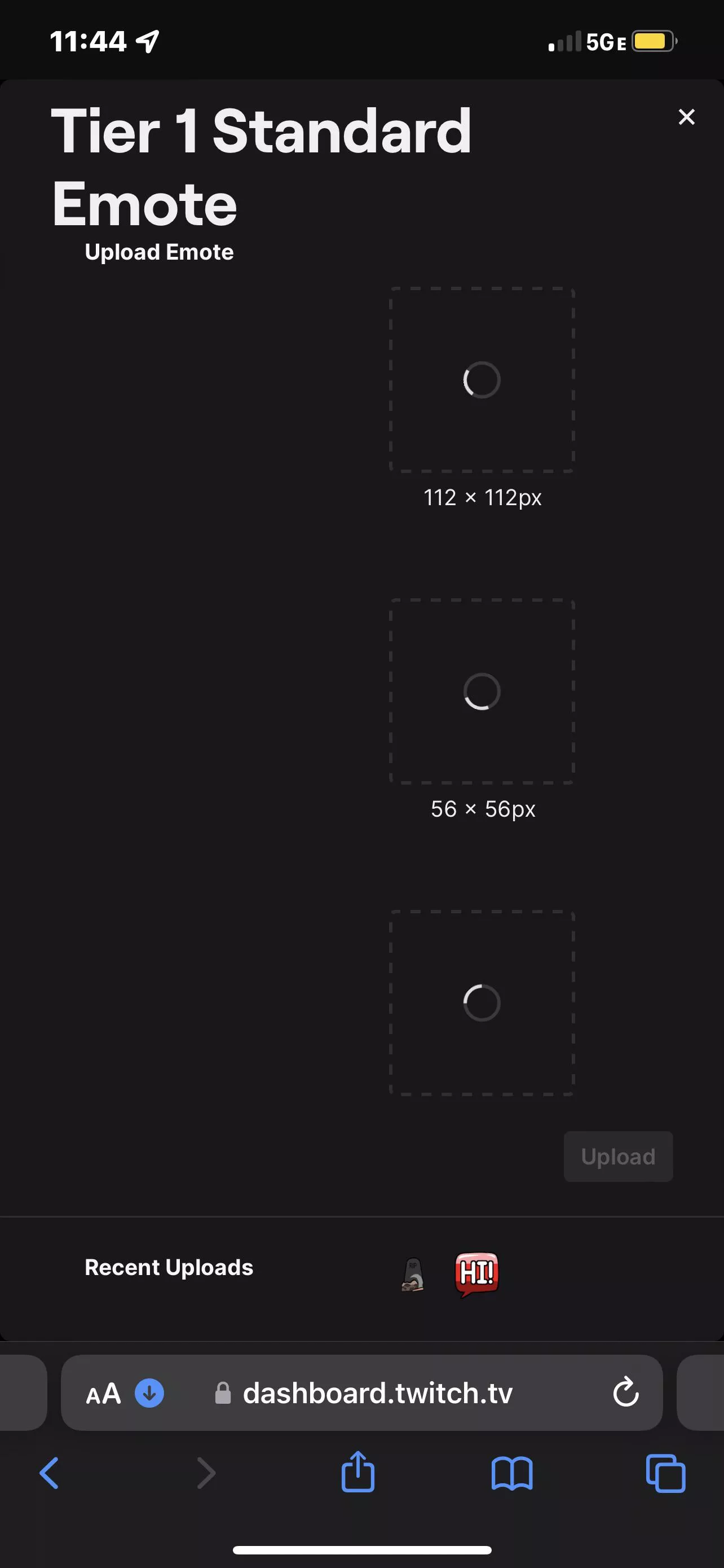 I canâ€™t upload emotes bc itâ€™s just loading like this, one emote was uploaded but the others just stay loading like this (itâ€™s been 10 mins and still stuck like that).