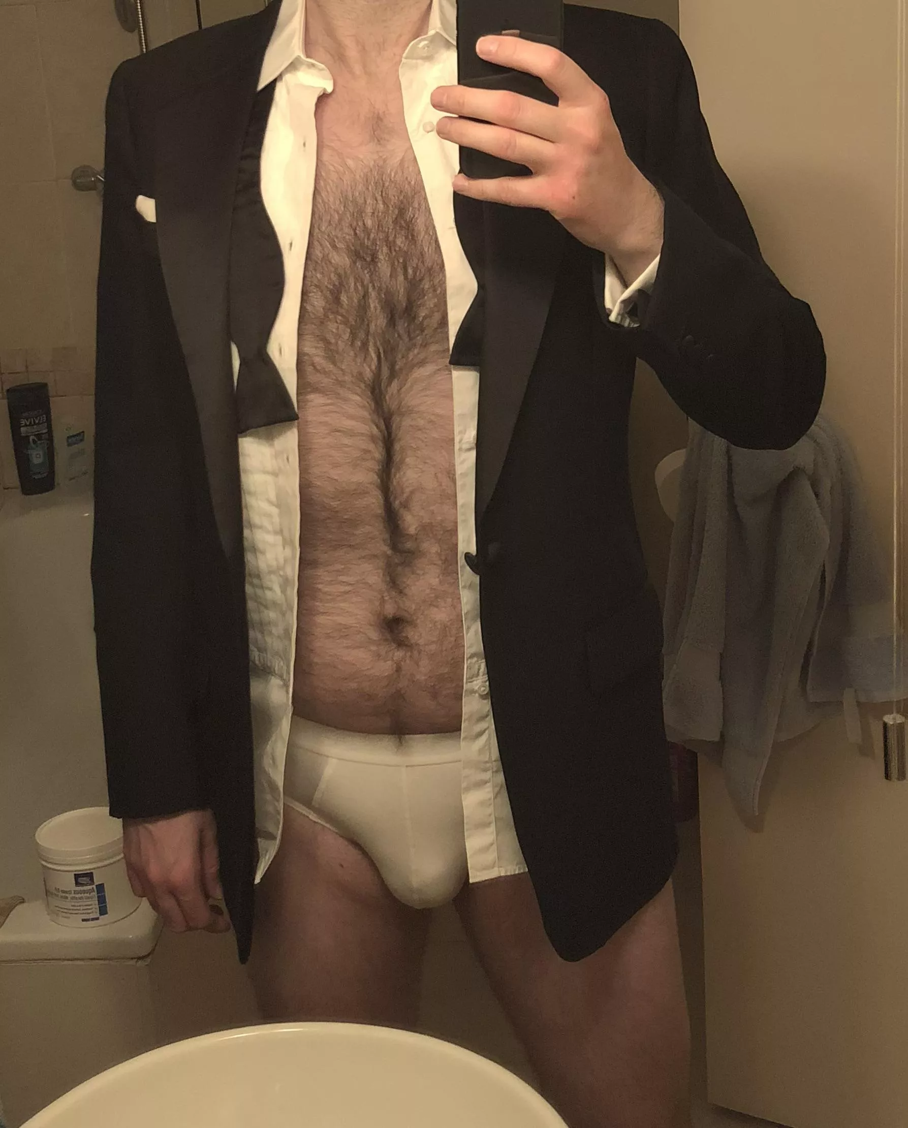 I have my first post-pandemic black tie event this weekend and I’m checking my tux still fits. How about I just go like this? No need to worry then if my trousers still fit.