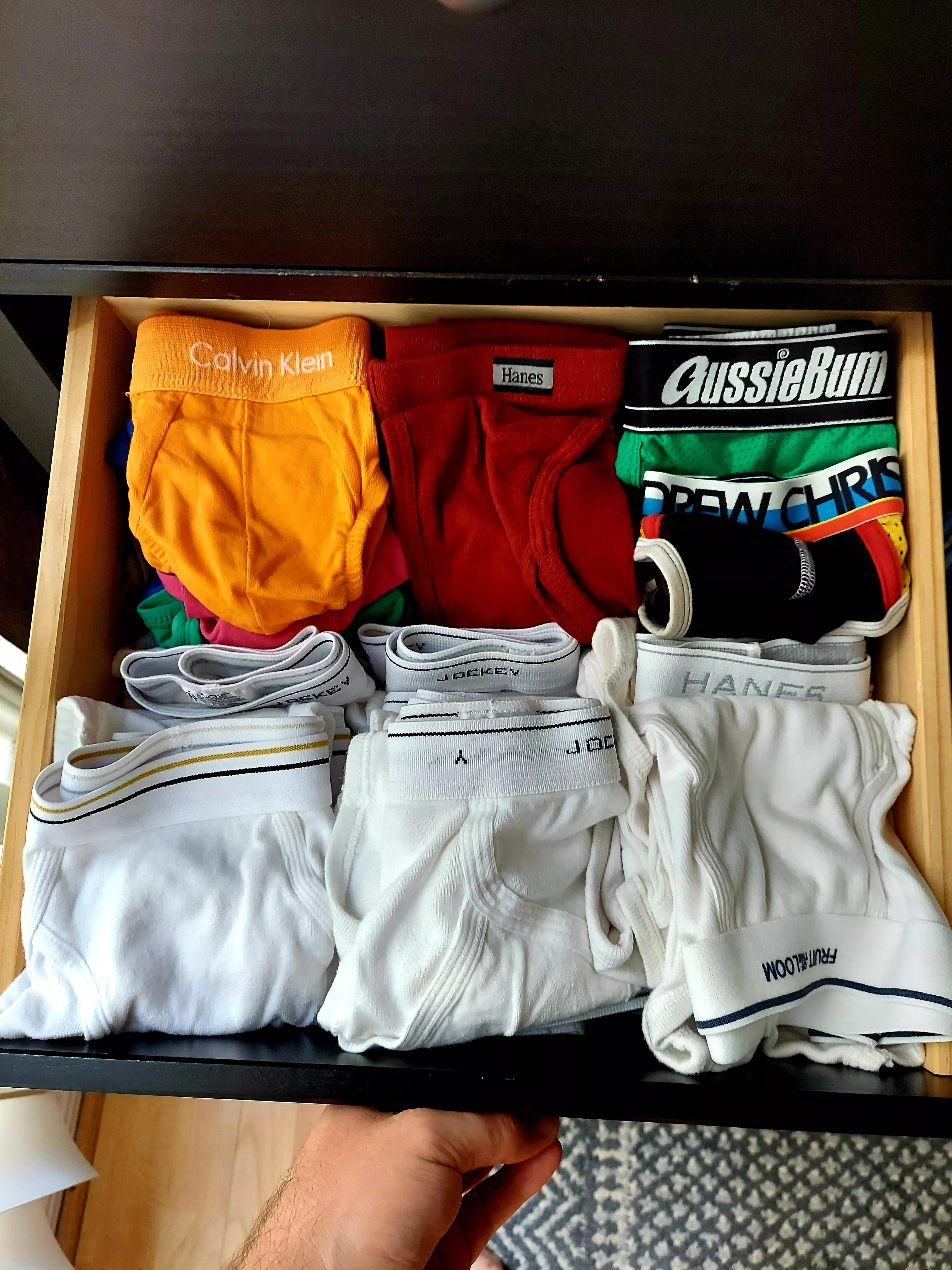 I redid my undies drawer. All briefs and a couple of jockstraps. Some colors, but it's majority TWs