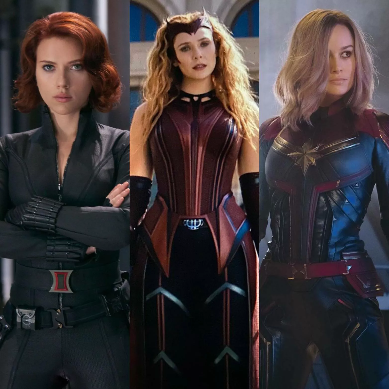 I want these Marvel babes (Scarlett Johansson, Elizabeth Olsen, and Brie Larson) to dominate the fuck out of me and a bro.