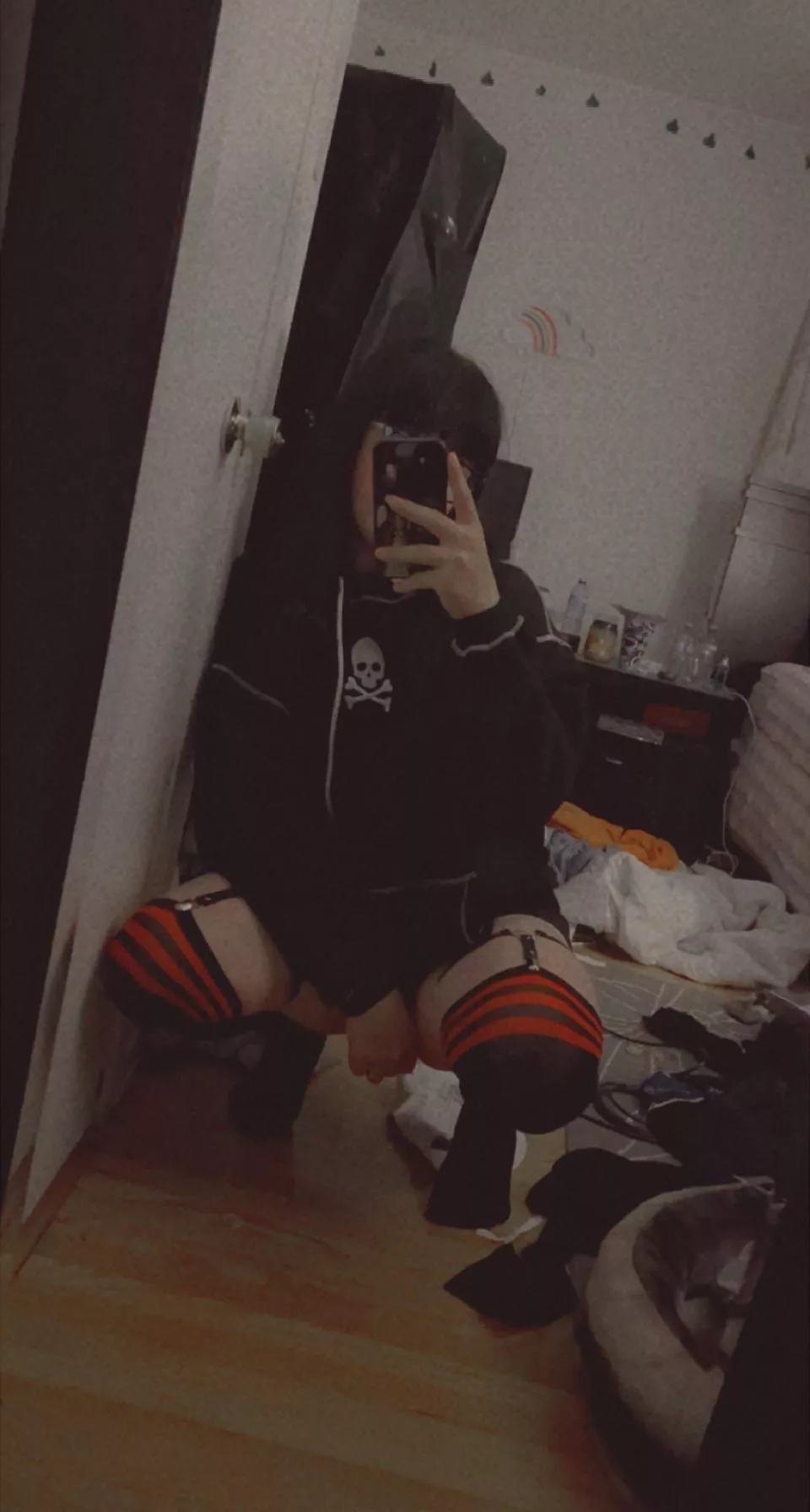 ignore my messy room but my thigh socks and garters came today