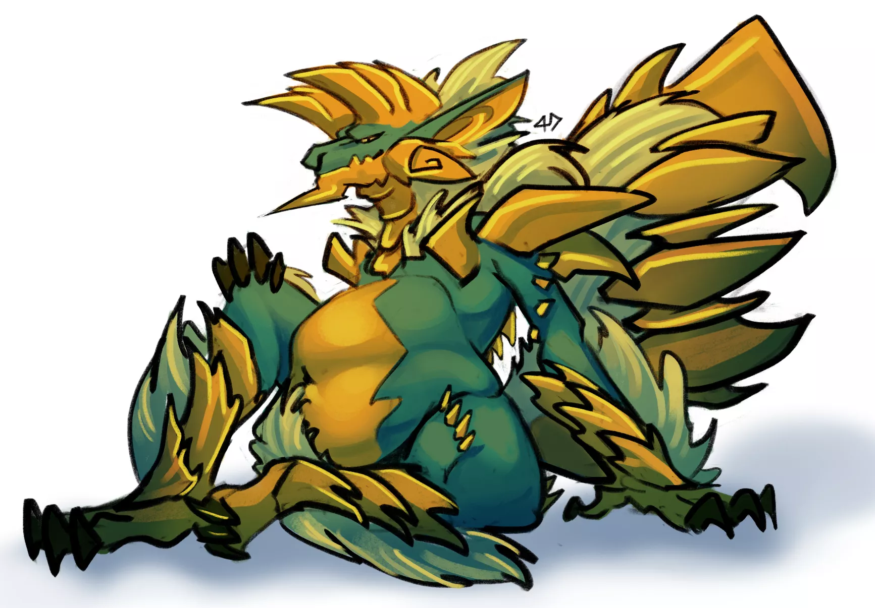 {Image} Anthro Zinogre relaxing after a meal (art by me) [implied]