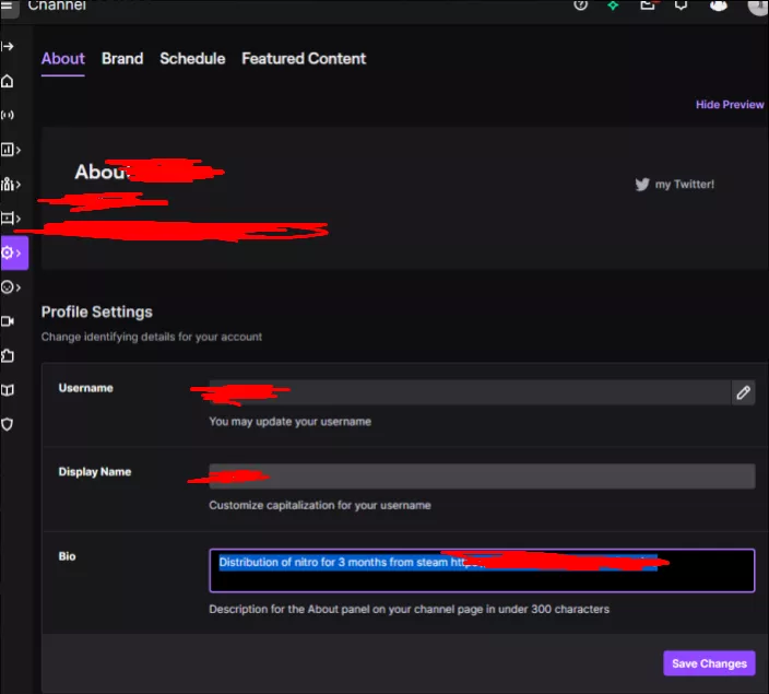 Is there a way to know on when and what devices are logged in with my twitch account? I have 2FA on and for some reason my bio on twitch got changed into an advertisement for a phishing site.